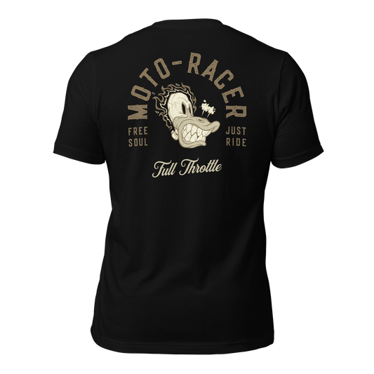 Moto Racer t-shirt with "Free Soul Just Ride" and cartoon graphic, black short-sleeve, embodies motorcycle passion and freedom.