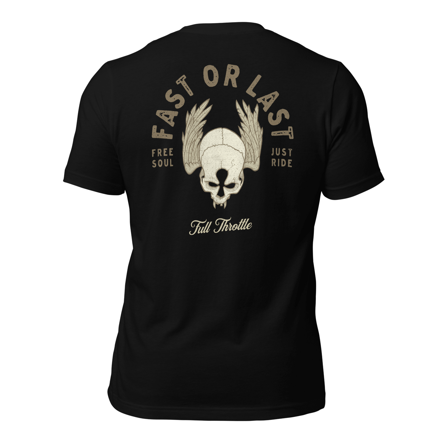 Black "Fast Or Last" motorcycle t-shirt with skull and wings, embodying a free-spirited, full throttle lifestyle.