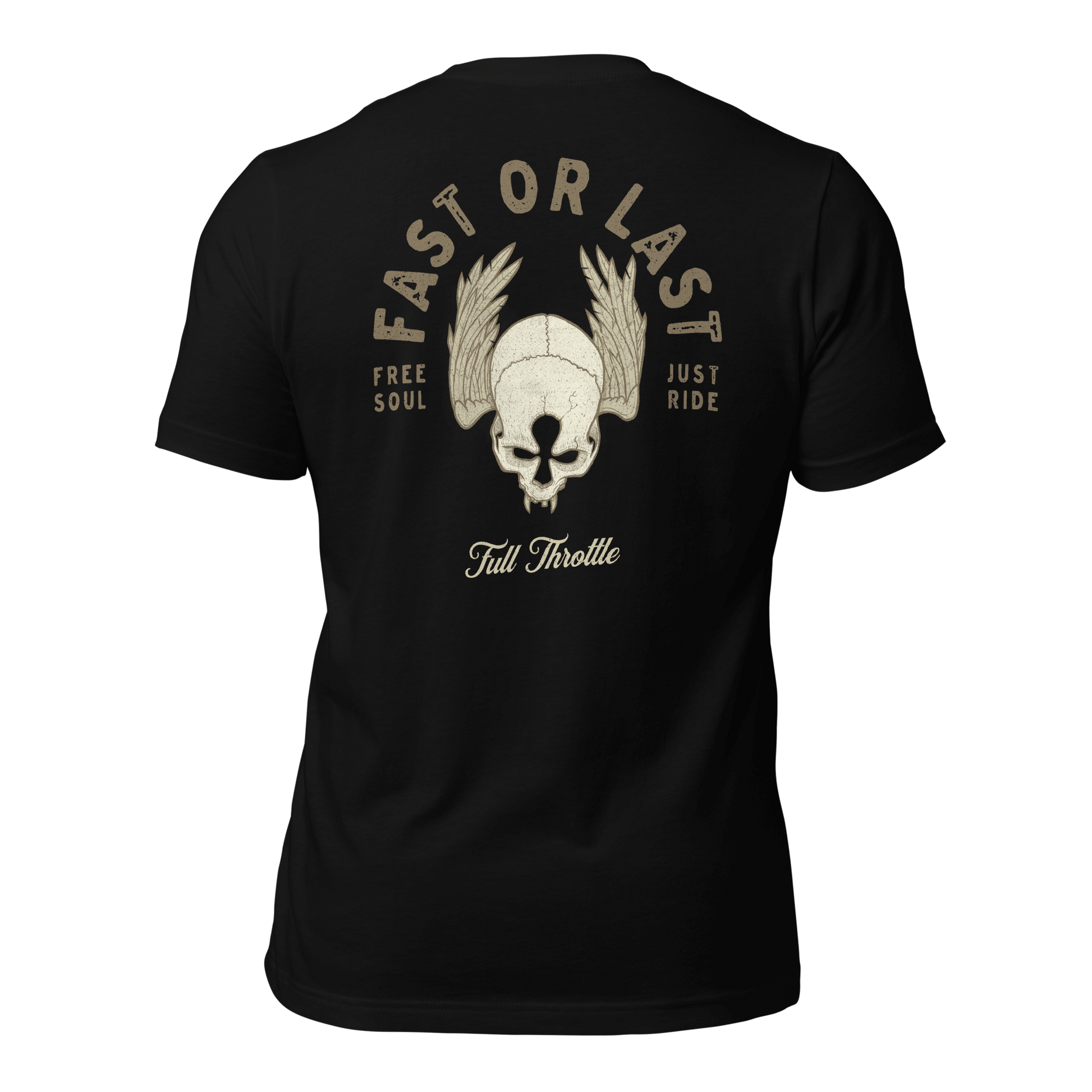 Black "Fast Or Last" motorcycle t-shirt with skull and wings, embodying a free-spirited, full throttle lifestyle.