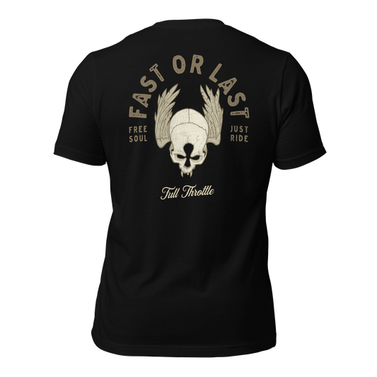 Black "Fast Or Last" motorcycle t-shirt with skull and wings, embodying a free-spirited, full throttle lifestyle.