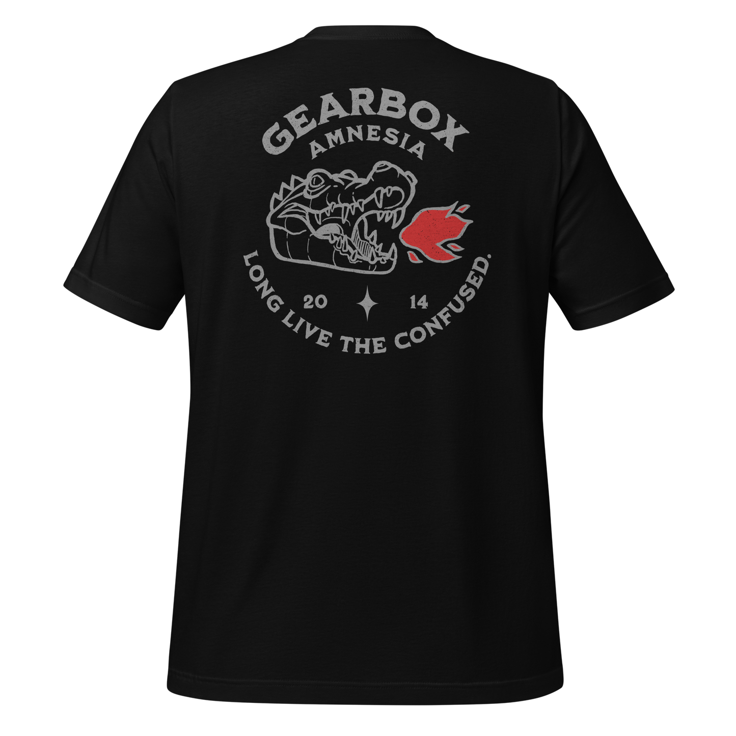 Black Gearbox Amnesia motorcycle t-shirt with humorous hand-drawn design for bikers, celebrating the relatable rider moment of forgetting your gear at a stoplight. Perfect for motorcyclists who ride hard and laugh harder.