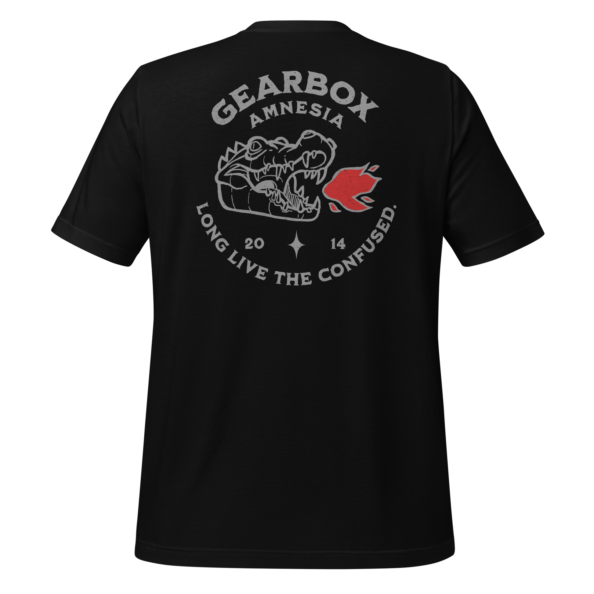 Black Gearbox Amnesia motorcycle t-shirt with humorous hand-drawn design for bikers, celebrating the relatable rider moment of forgetting your gear at a stoplight. Perfect for motorcyclists who ride hard and laugh harder.