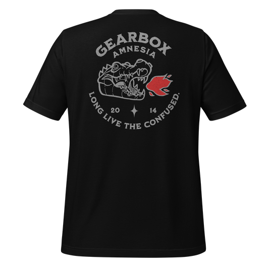 Black Gearbox Amnesia motorcycle t-shirt with humorous hand-drawn design for bikers, celebrating the relatable rider moment of forgetting your gear at a stoplight. Perfect for motorcyclists who ride hard and laugh harder.