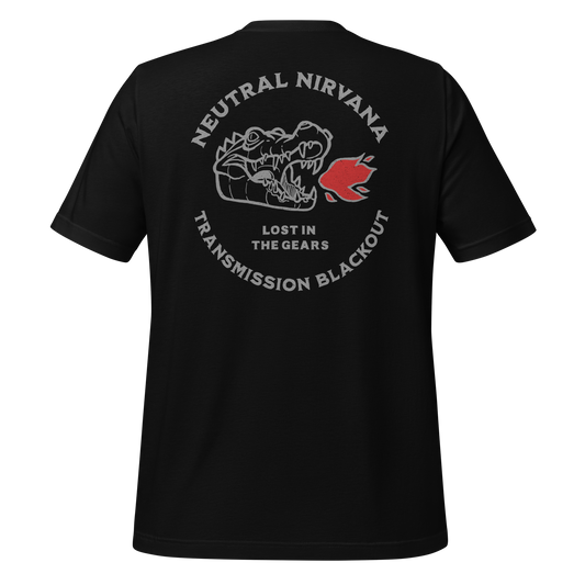 Hand-drawn black HogCroc motorcycle t-shirt design showing a rider in perfect balance, clutch in, mind clear, a moment of calm before the next roar.