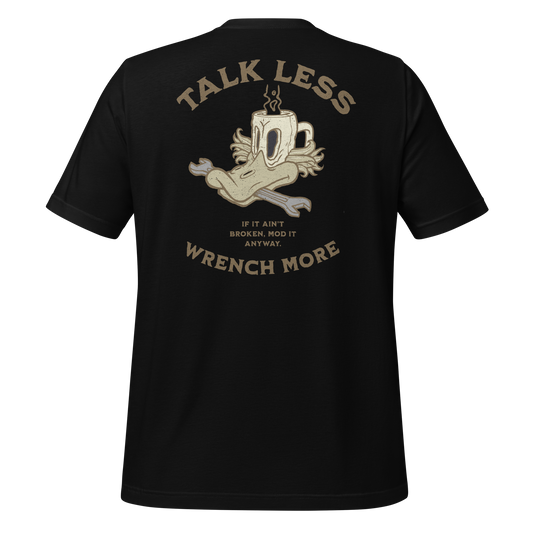 Talk Less, Wrench More black T-Shirt – For the Hands-On Riders
Built for the riders who let their tools do the talking. This tee celebrates the grease-stained, midnight-oil-burning ritual of mods, tweaks, and garage-born masterpieces. Whether you're tuning carbs or chasing that perfect growl, this shirt’s for those who believe true stories are written in torque, not small talk.