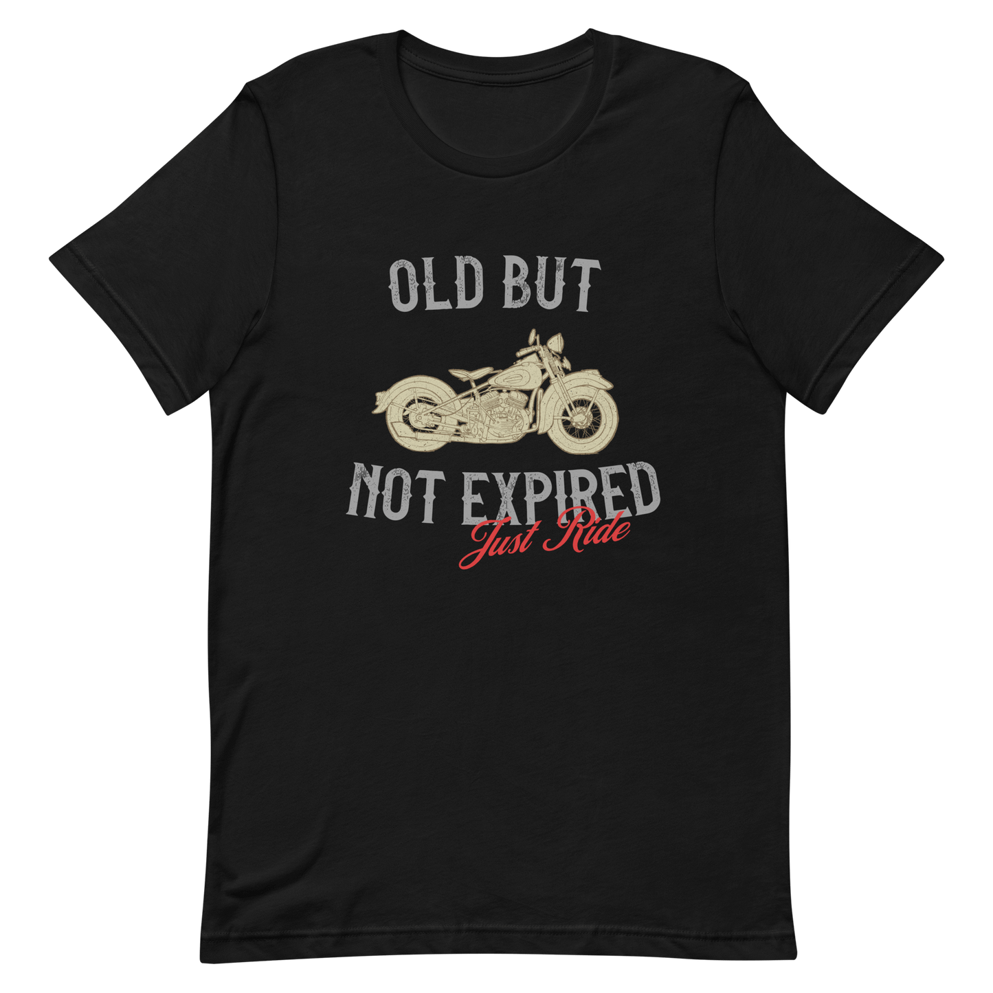 Vintage "Old But Not Expired" motorcycle t-shirt for motorcycle enthusiasts and dads who love classic rides.
