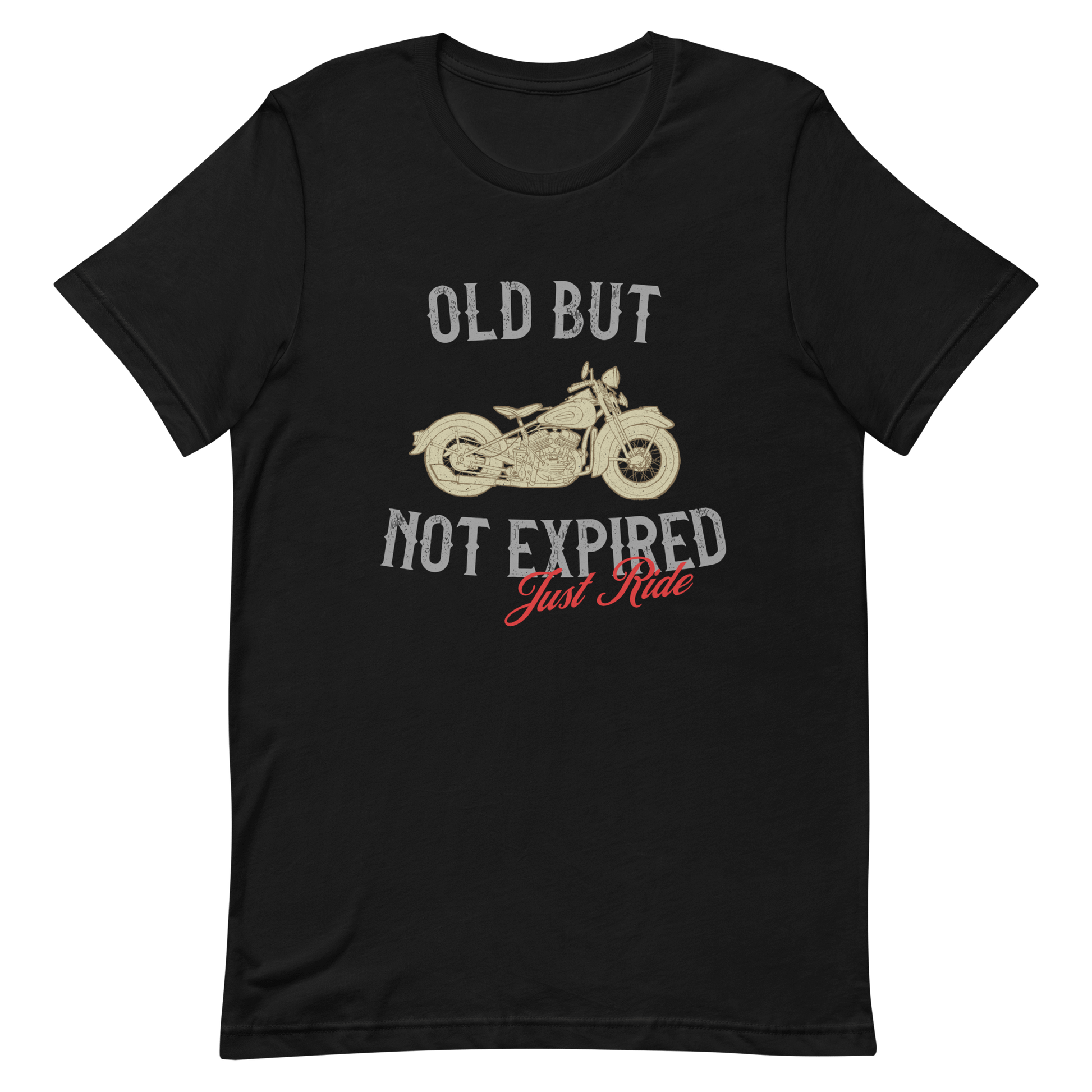 Vintage "Old But Not Expired" motorcycle t-shirt for motorcycle enthusiasts and dads who love classic rides.