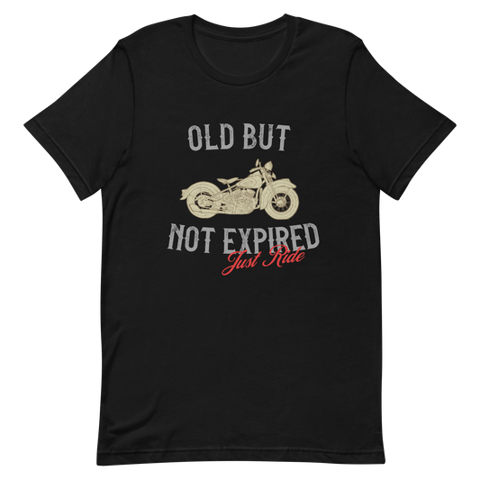 Vintage "Old But Not Expired" motorcycle t-shirt for motorcycle enthusiasts and dads who love classic rides.