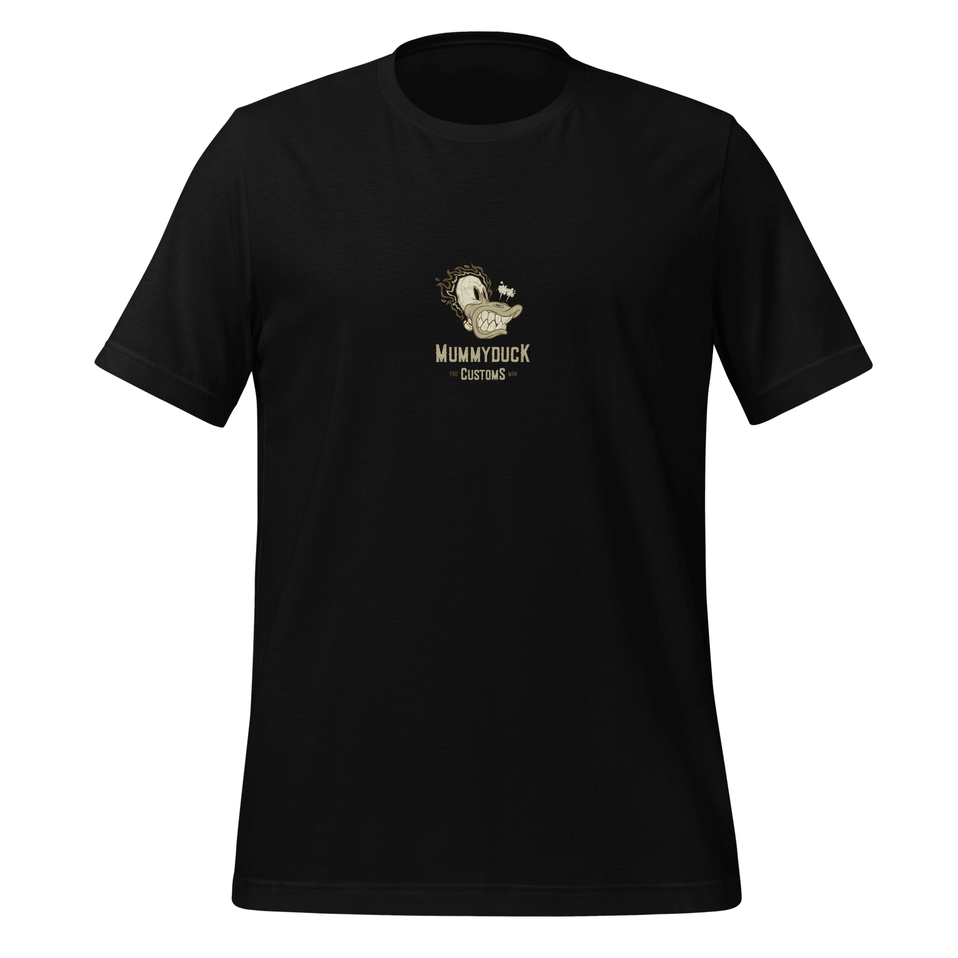 Black motorcycle t-shirt with Mummyduck Customs logo and bold design, perfect for free-spirited riders seeking comfort and style.