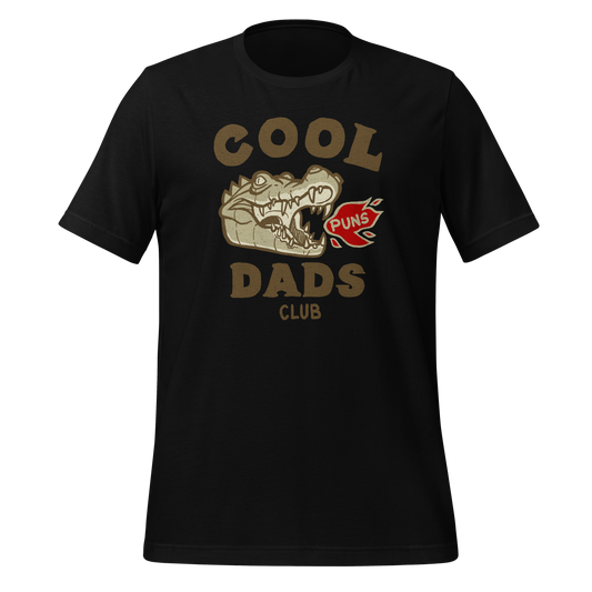 Black Cool Dads Club motorcycle t-shirt with croc-inspired print, perfect for biker dads who drink strong coffee, tune their motorcycles, and ride with style. Hand-drawn design with road-tested attitude.