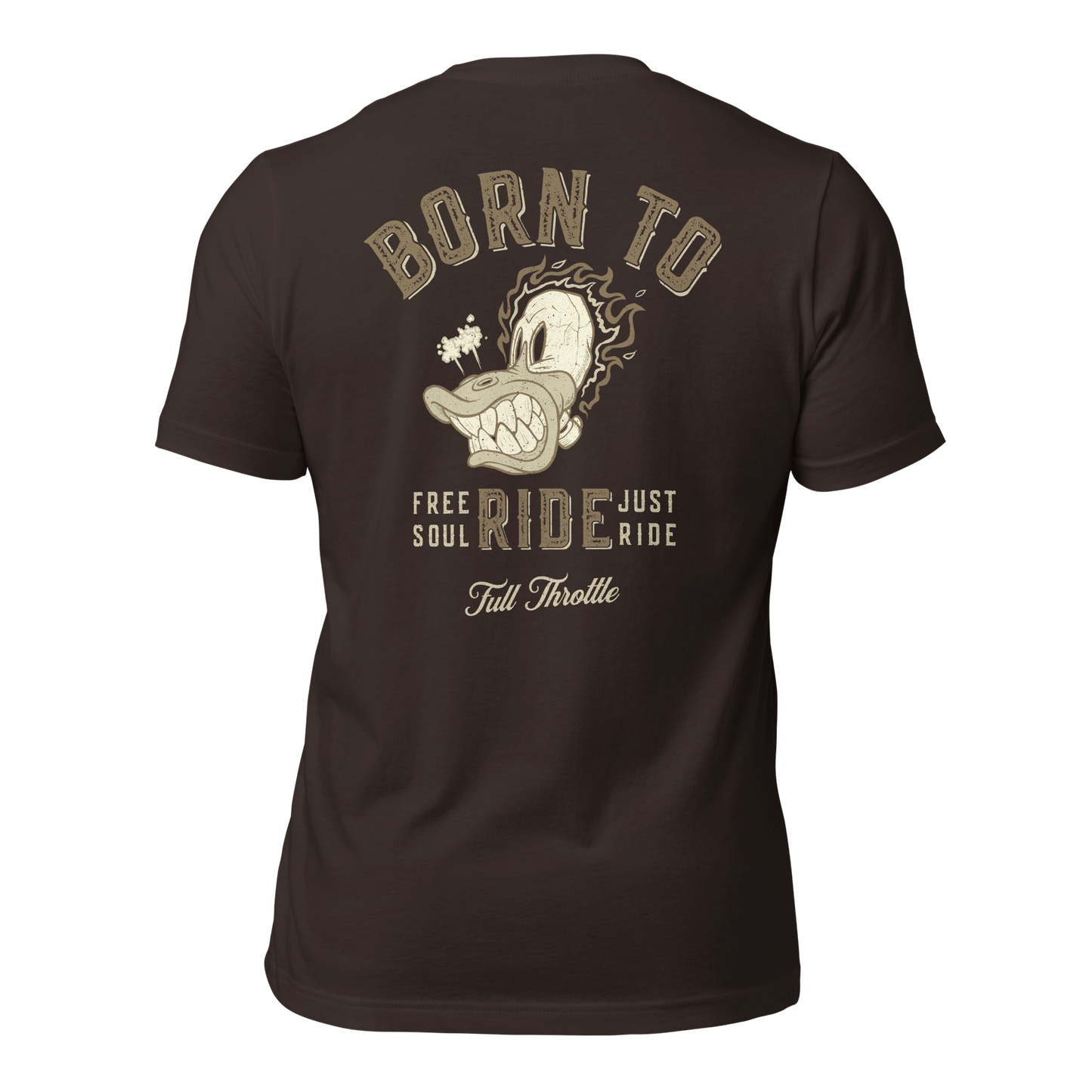 brown Vintage-inspired Born to Ride t-shirt, black cotton, featuring classic motorcycle graphic