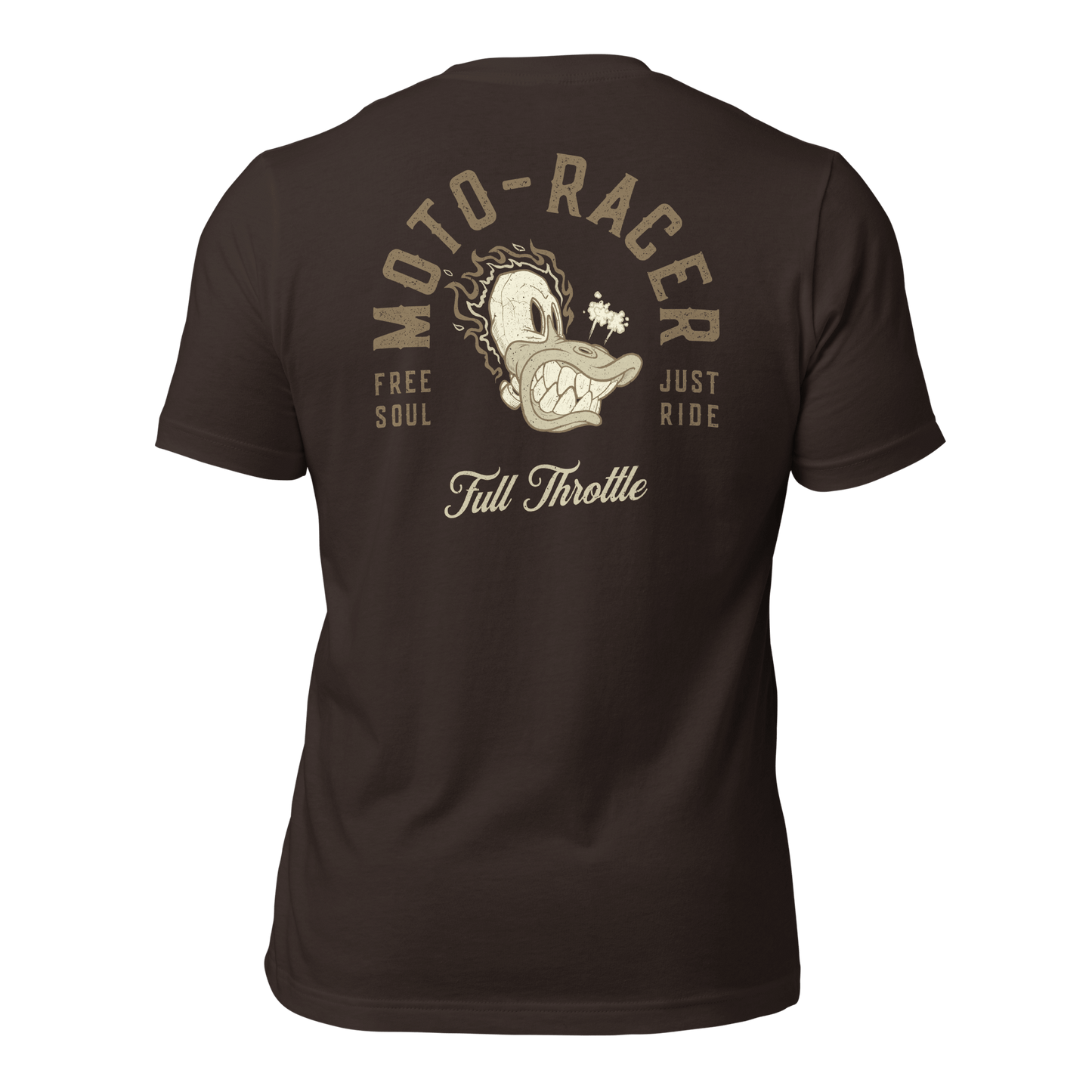 Moto Racer t-shirt with "Free Soul" and "Just Ride" design featuring classic motorcycle-inspired artwork.