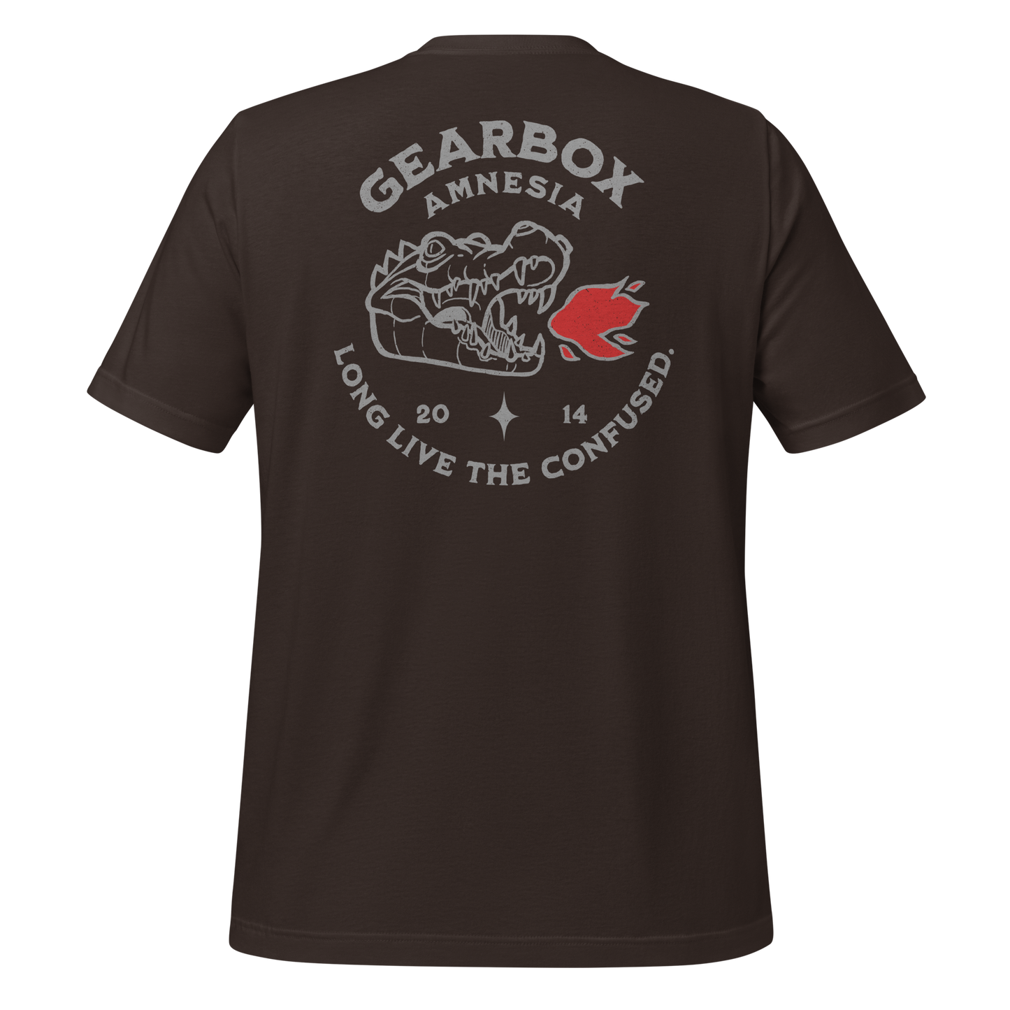 Brown Gearbox Amnesia motorcycle t-shirt with humorous hand-drawn design for bikers, celebrating the relatable rider moment of forgetting your gear at a stoplight. Perfect for motorcyclists who ride hard and laugh harder.