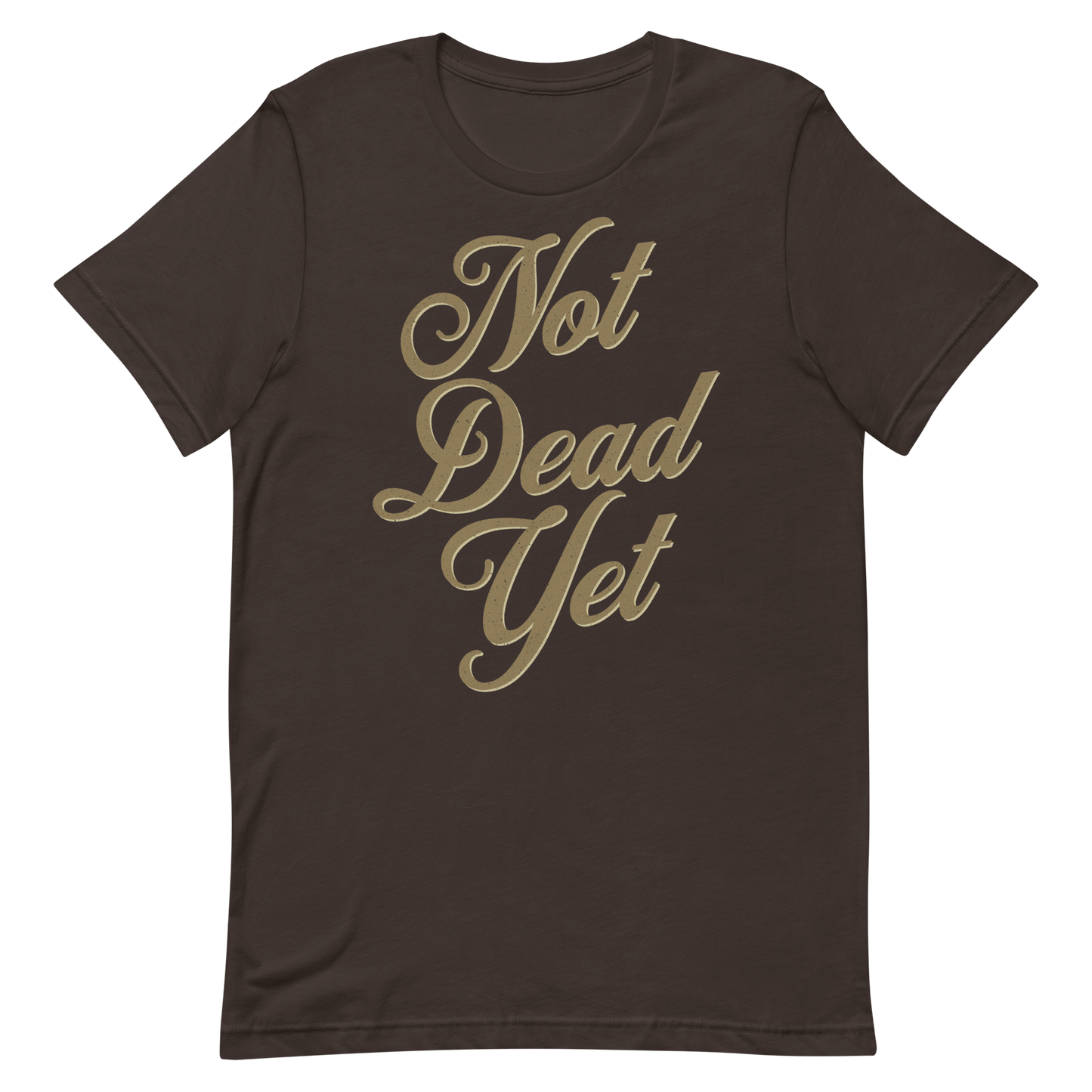 Not Dead Yet motorcycle t-shirt in black with bold vintage text design, perfect for bikers and adventure lovers.