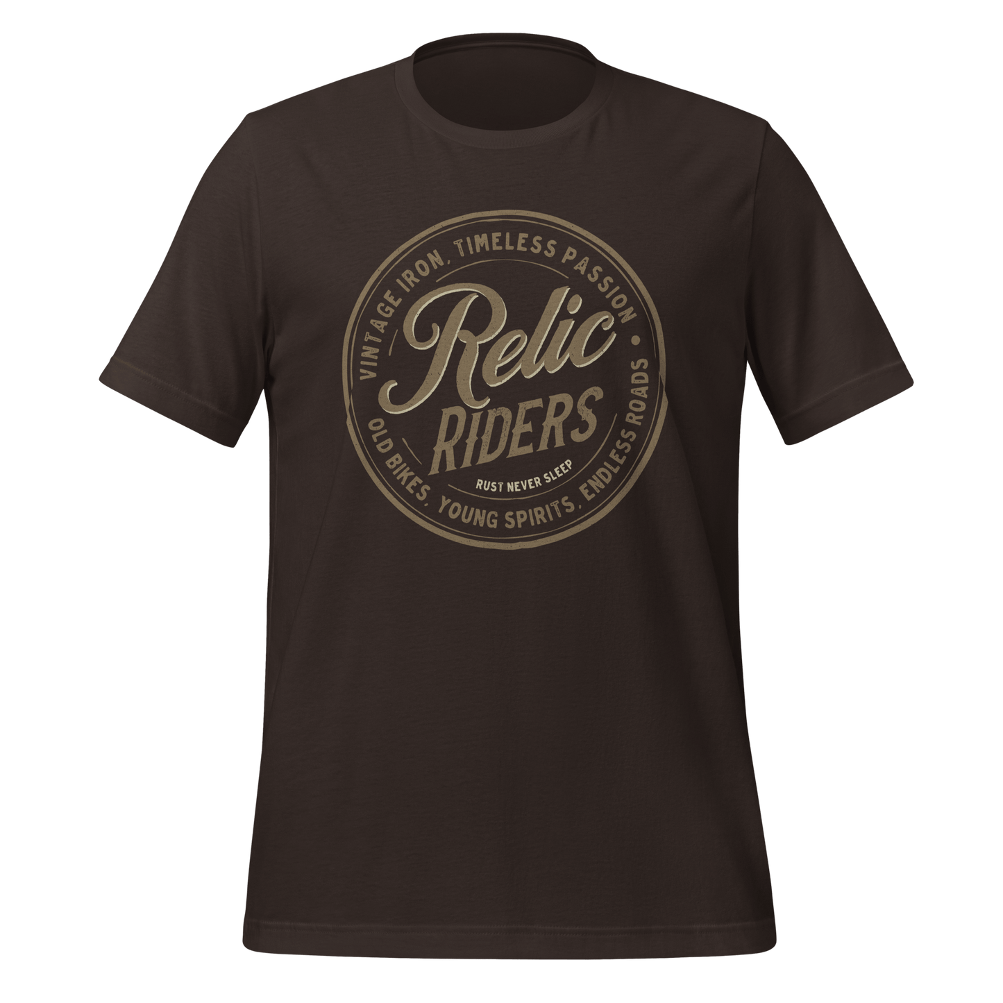 Vintage inspired Relic Riders motorcycle t-shirt showcasing timeless passion and old-school biker spirit.