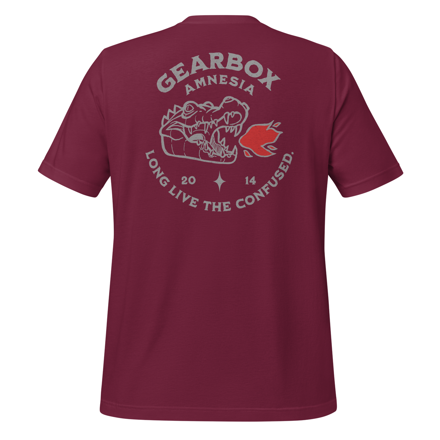 Maroon Gearbox Amnesia motorcycle t-shirt with humorous hand-drawn design for bikers, celebrating the relatable rider moment of forgetting your gear at a stoplight. Perfect for motorcyclists who ride hard and laugh harder.