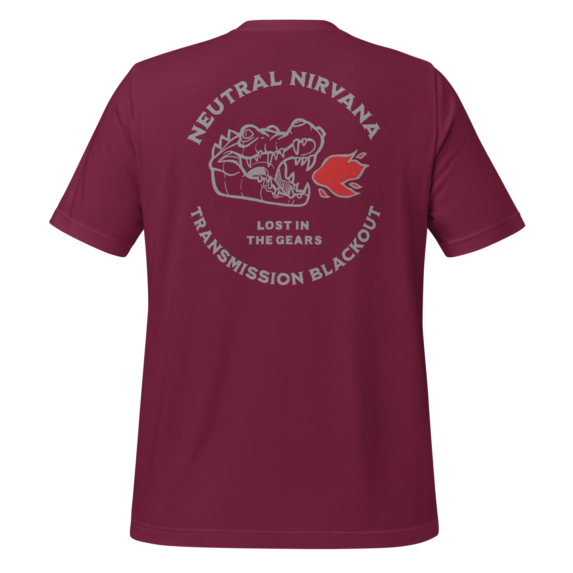 Hand-drawn maroon HogCroc motorcycle t-shirt design showing a rider in perfect balance, clutch in, mind clear, a moment of calm before the next roar.
