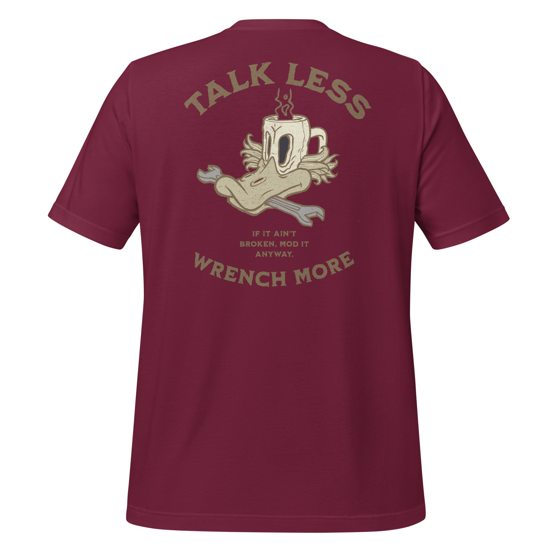 Talk Less, Wrench More maroon T-Shirt – For the Hands-On Riders
Built for the riders who let their tools do the talking. This tee celebrates the grease-stained, midnight-oil-burning ritual of mods, tweaks, and garage-born masterpieces. Whether you're tuning carbs or chasing that perfect growl, this shirt’s for those who believe true stories are written in torque, not small talk.