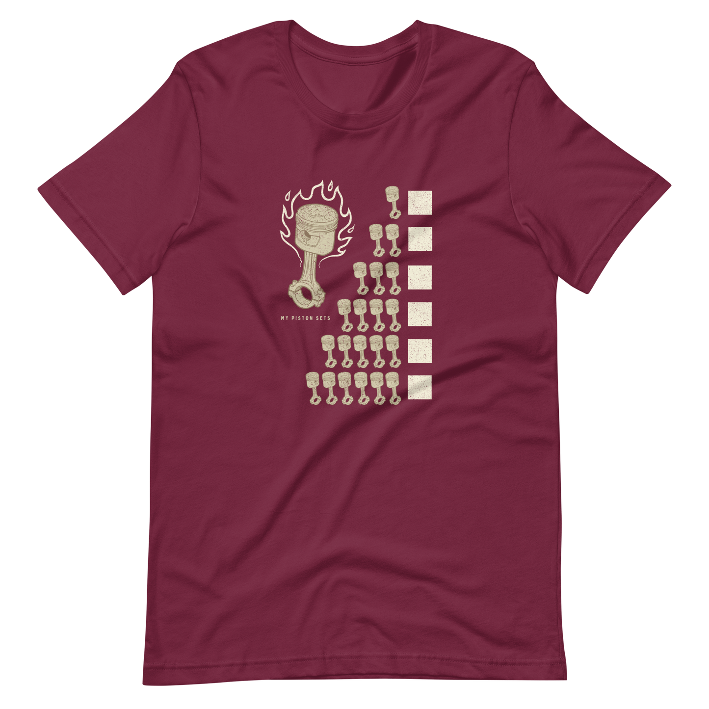 Maroon My Piston Sets Motorcycle T-shirt, crafted in soft lightweight fabric, perfect for motorcycle enthusiasts