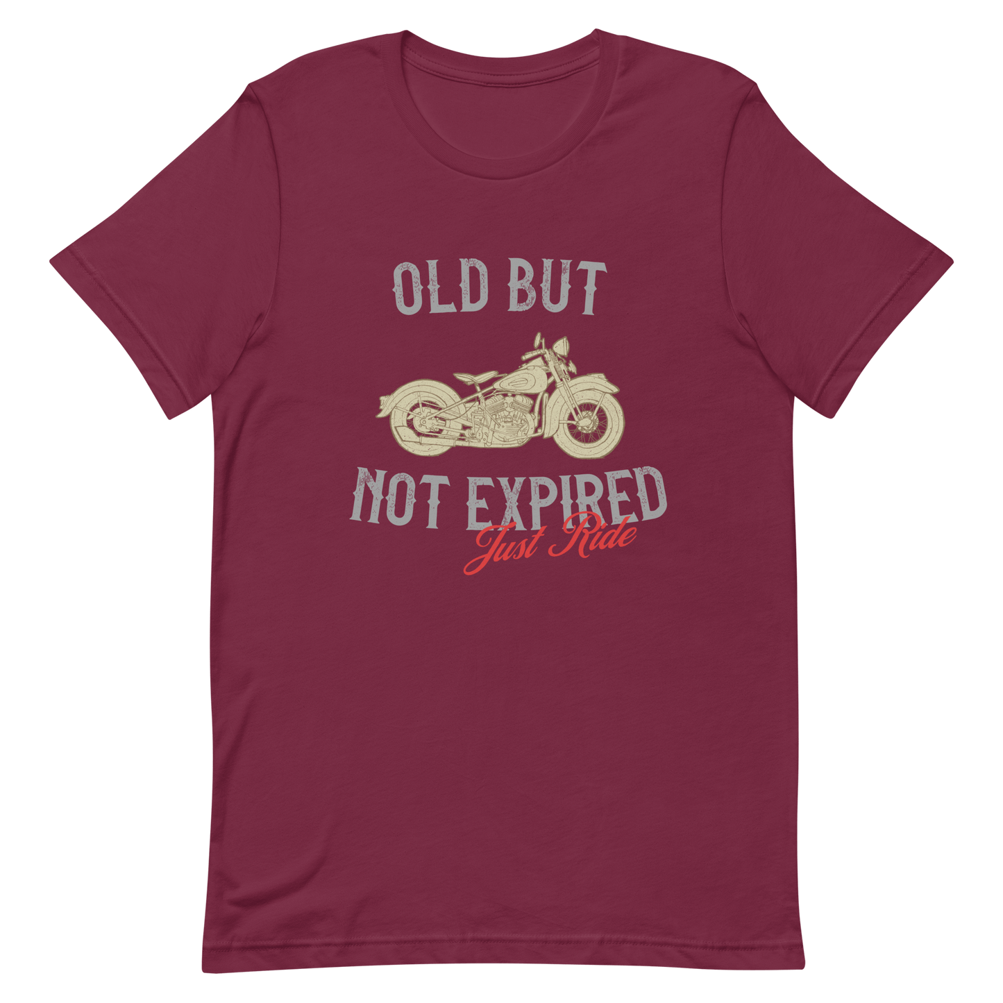 Vintage motorcycle t-shirt with "Old But Not Expired" design in maroon, perfect for classic bike enthusiasts and motorcycle dads.
