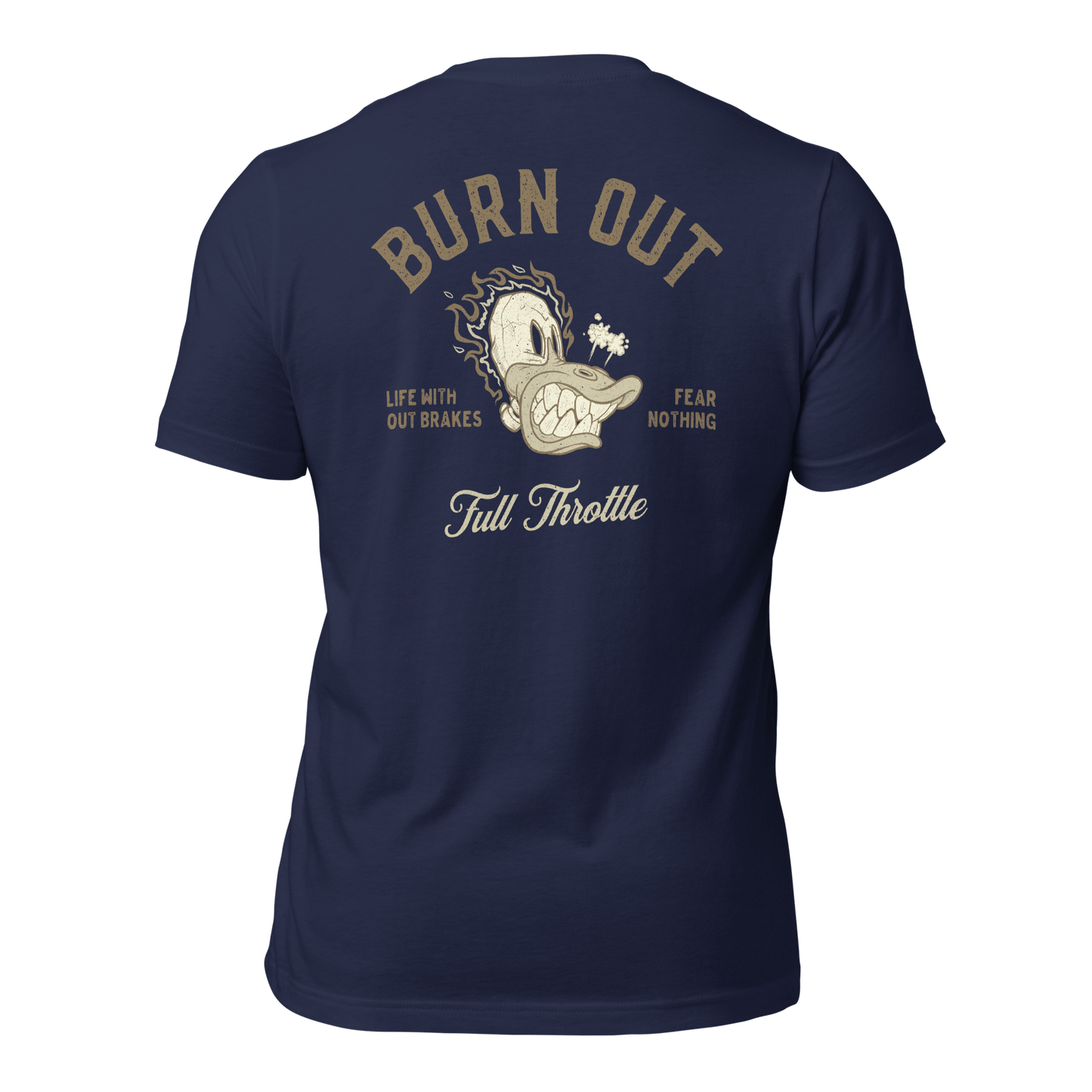Burn Out Motorcycle t-shirt with 'Life Without Brakes, Fear Nothing' design and bold graphic on navy fabric.