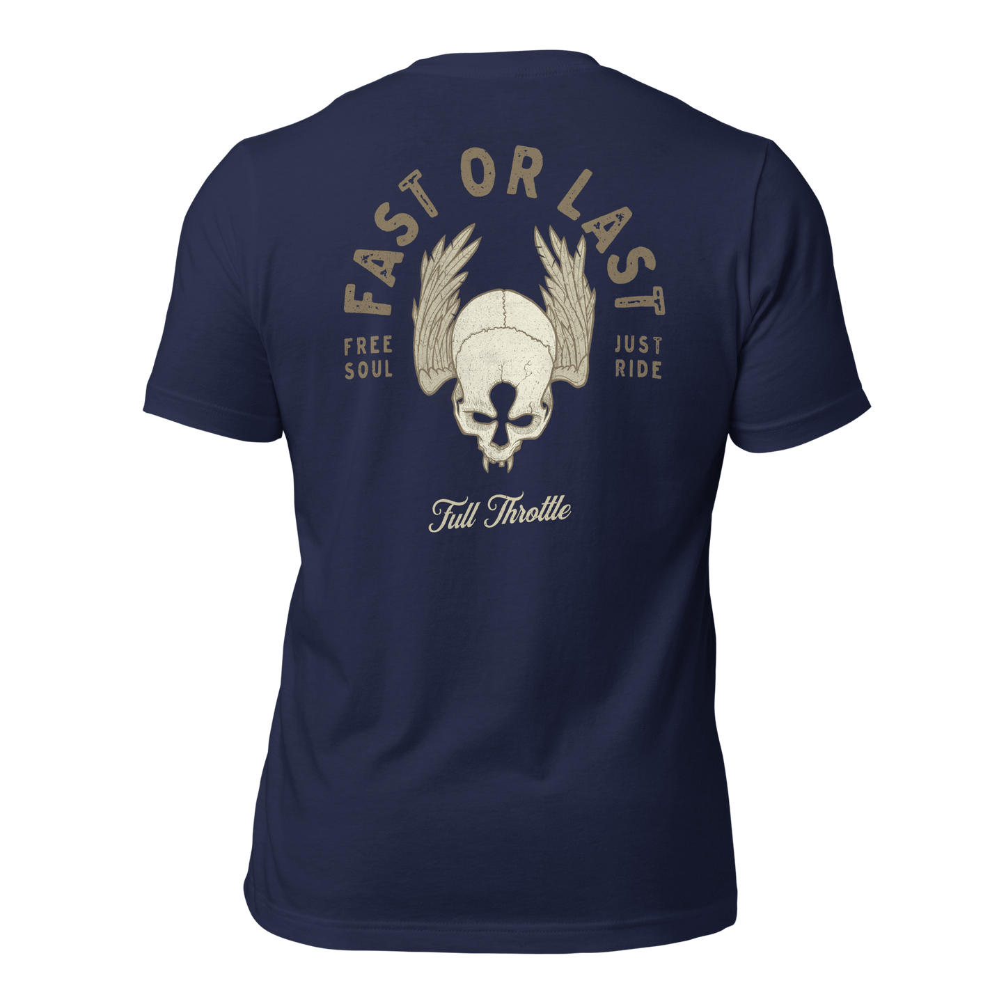 "Fast Or Last Motorcycle t-shirt with skull and wings design, navy blue, featuring 'Free Soul' and 'Full Throttle' text"