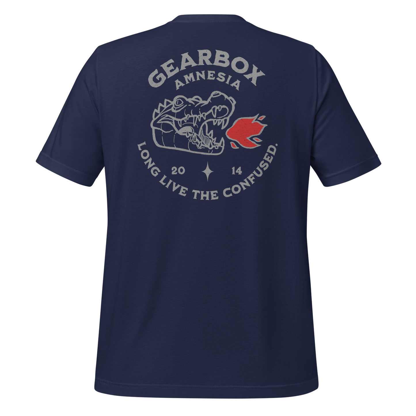 Navy Gearbox Amnesia motorcycle t-shirt with humorous hand-drawn design for bikers, celebrating the relatable rider moment of forgetting your gear at a stoplight. Perfect for motorcyclists who ride hard and laugh harder.