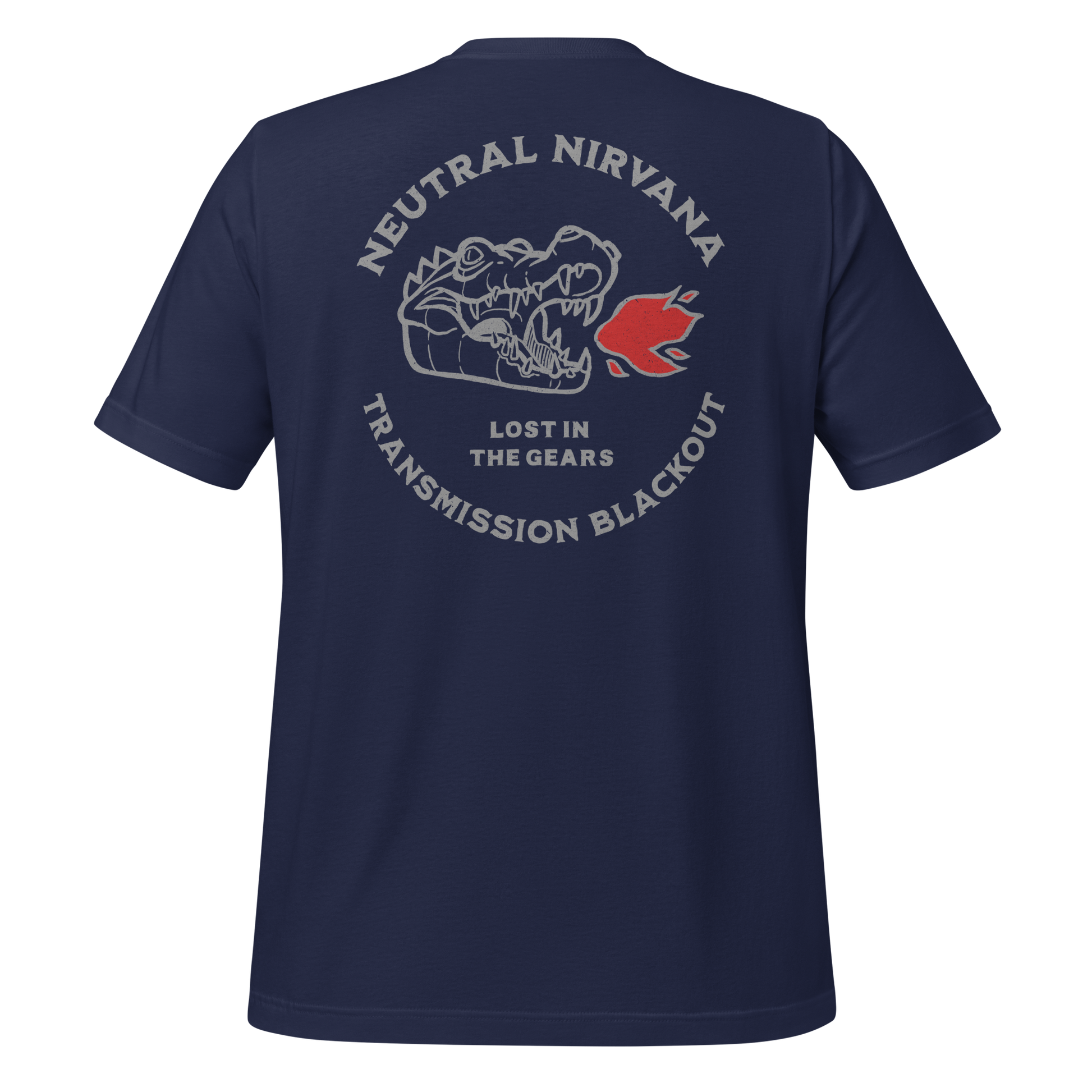 Hand-drawn navy HogCroc motorcycle t-shirt design showing a rider in perfect balance, clutch in, mind clear, a moment of calm before the next roar.