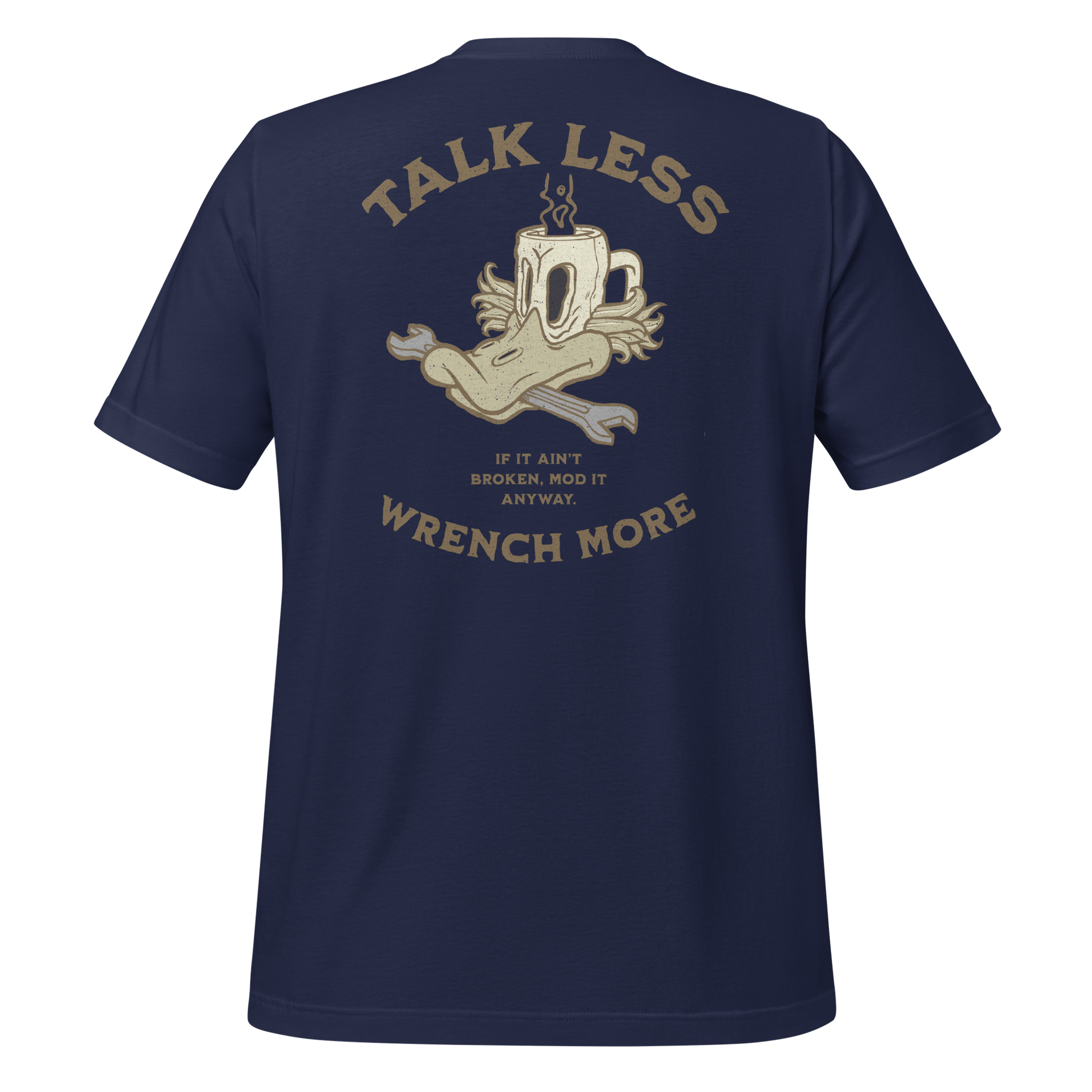 Talk Less, Wrench More navy T-Shirt – For the Hands-On Riders
Built for the riders who let their tools do the talking. This tee celebrates the grease-stained, midnight-oil-burning ritual of mods, tweaks, and garage-born masterpieces. Whether you're tuning carbs or chasing that perfect growl, this shirt’s for those who believe true stories are written in torque, not small talk.