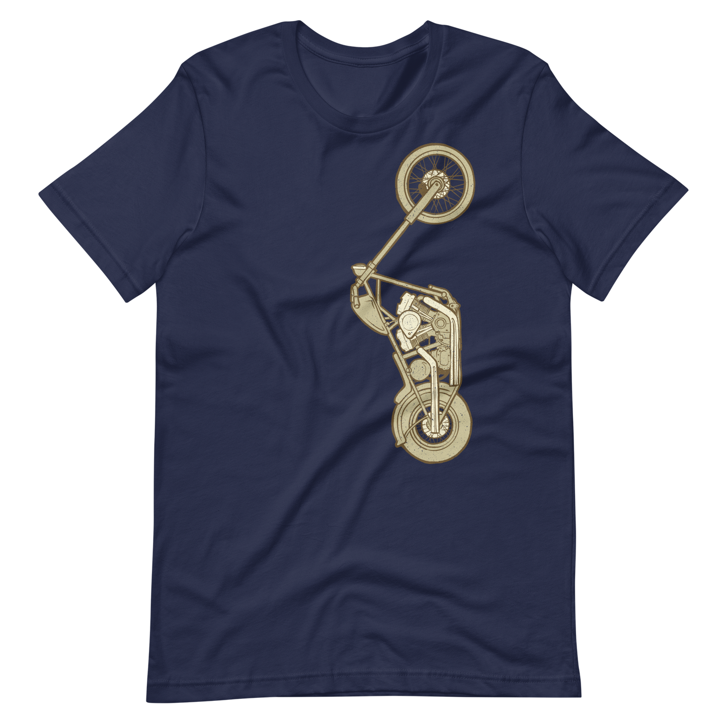 Navy Ride in style with the Custom Motorcycle T-shirt—a vintage-style bobber biker shirt perfect for the cool biker rider, featuring distinctive style. This stylish motorcycle shirt is ideal for the biker journey tourer, capturing the essence of classic motorcycle style with a touch of retro coolness.
