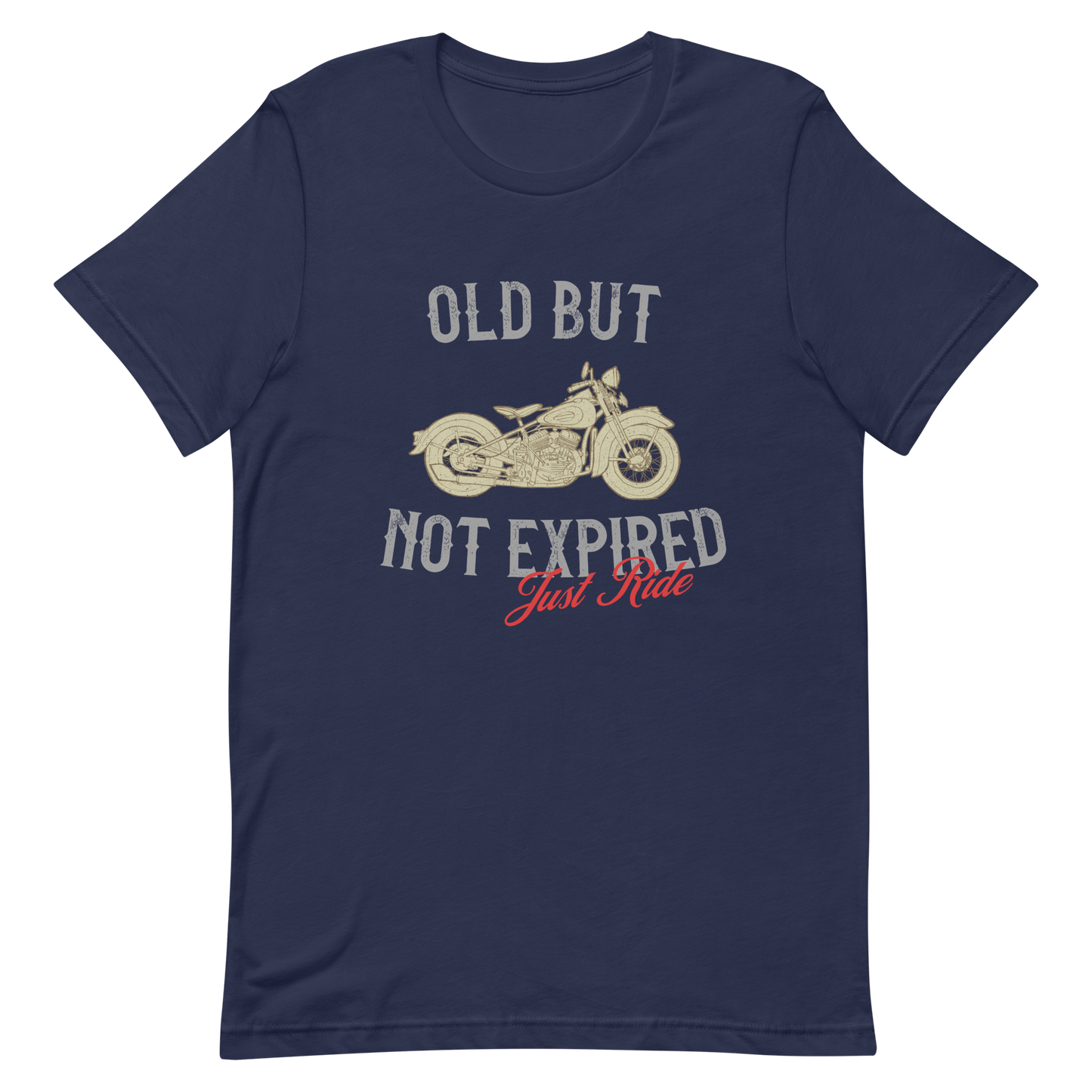 Vintage navy t-shirt with "Old But Not Expired" and motorcycle graphic, perfect for motorcycle enthusiasts.