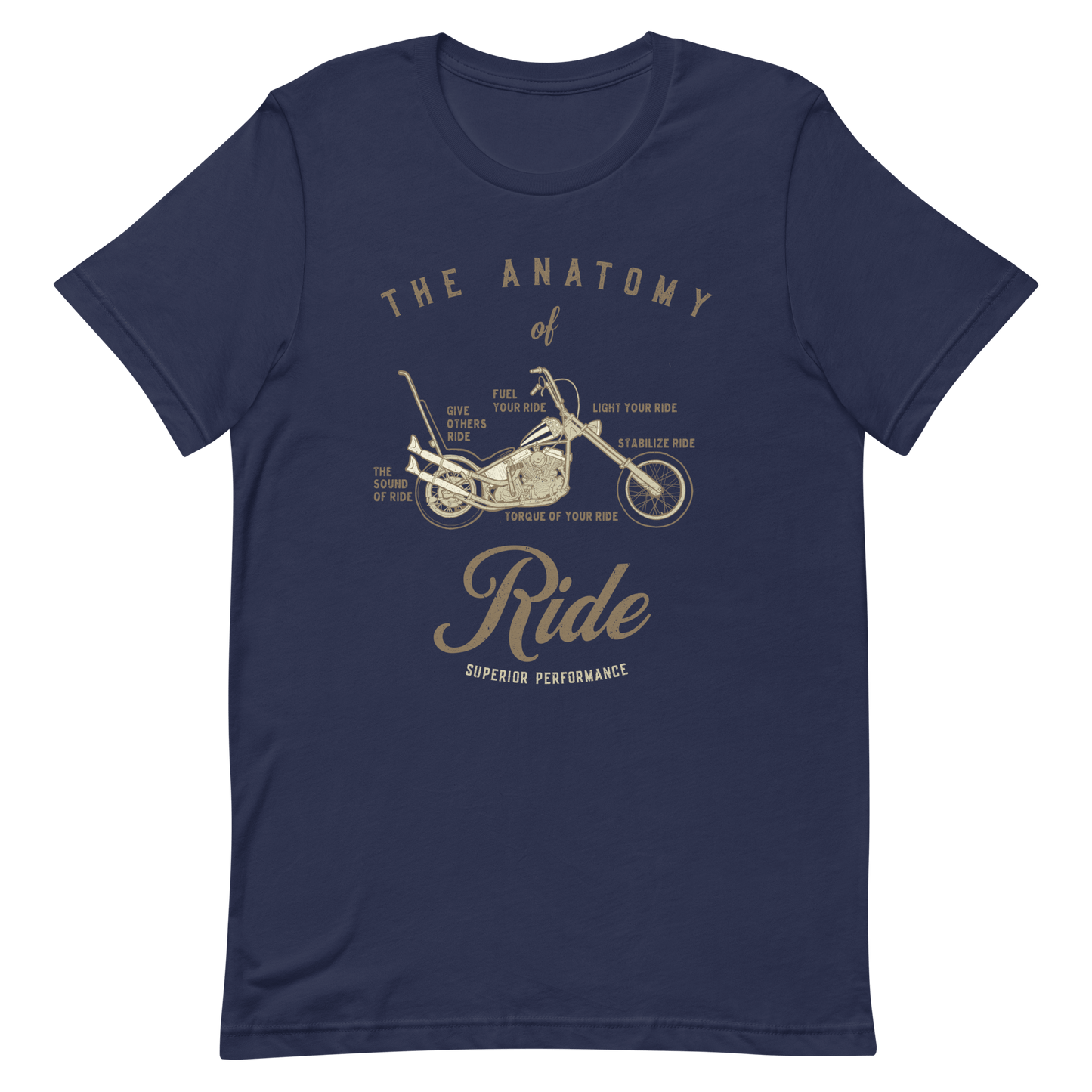 "The Anatomy Of Ride Motorcycle Shirt, navy blue biker t-shirt with vintage motorbike design, ideal for motorcycle enthusiasts"