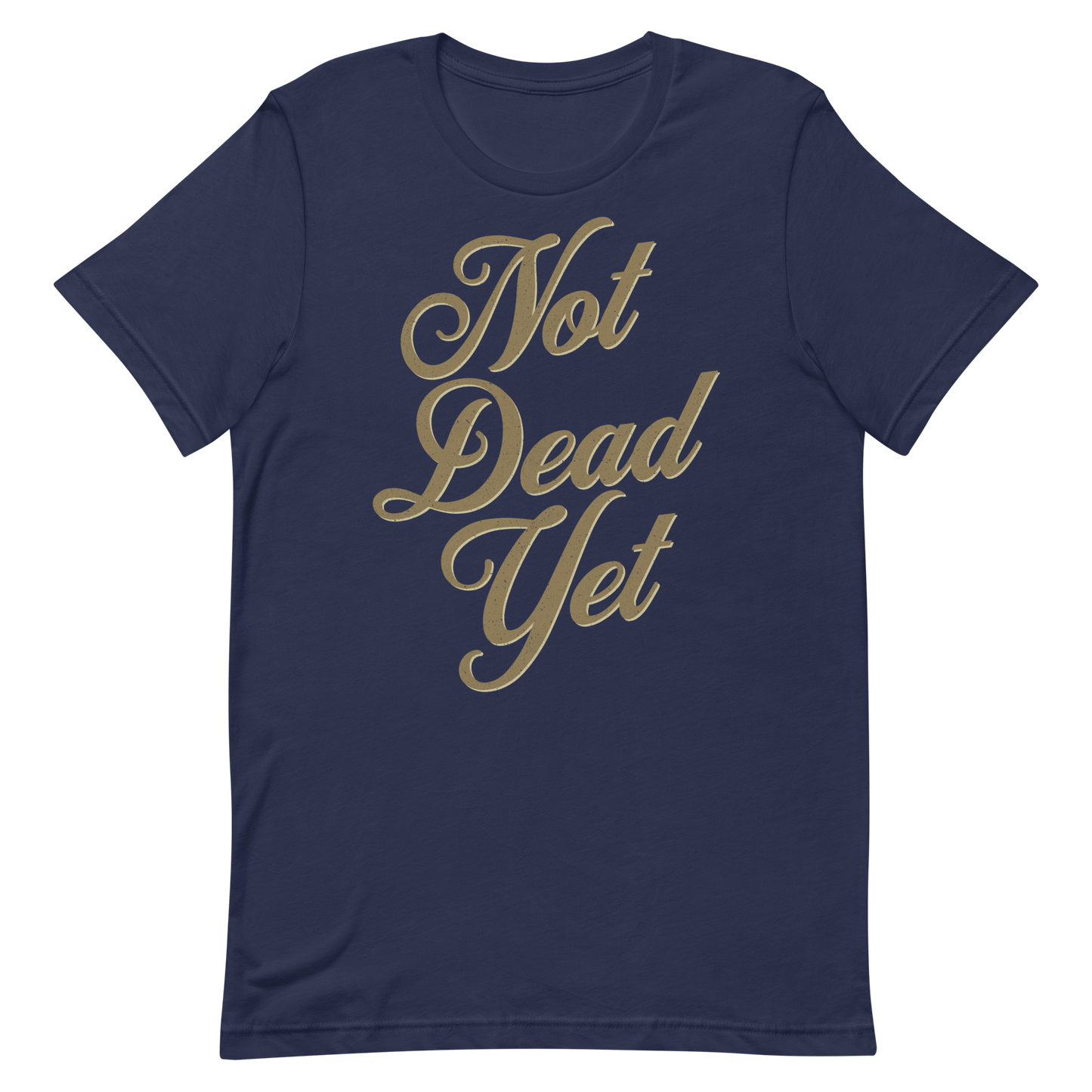 Not Dead Yet motorcycle t-shirt in navy blue with vintage gold graphic design, perfect for bikers and enthusiasts.
