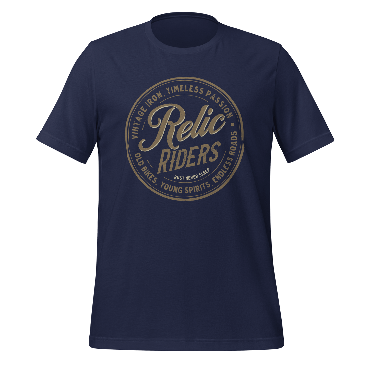 Navy Relic Riders motorcycle t-shirt featuring vintage design and slogan for bikers and motorcycle enthusiasts.