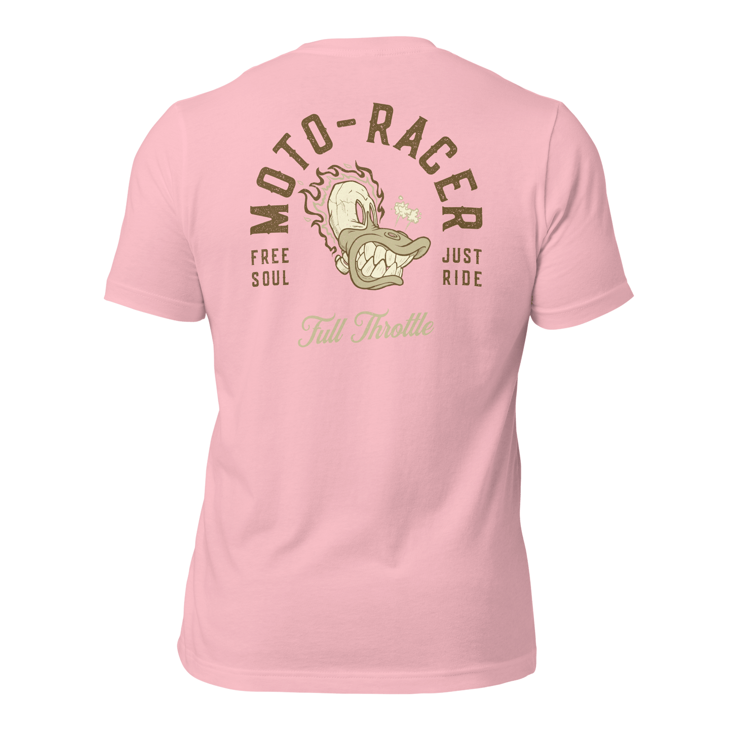 Pink Moto Racer t-shirt with "Free Soul" and "Just Ride" graphic design on the back, ideal for motorcycle enthusiasts.