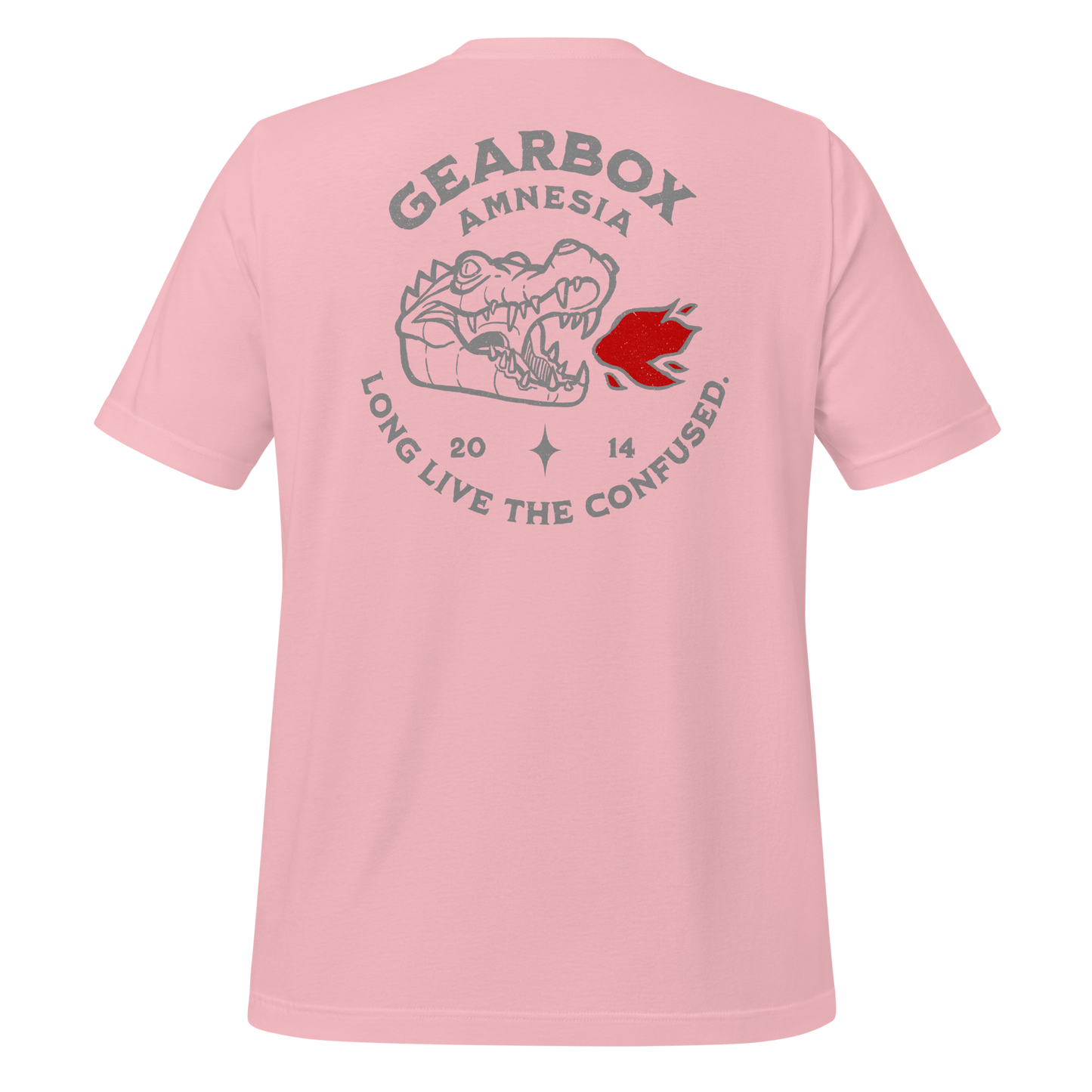 Pink Gearbox Amnesia motorcycle t-shirt with humorous hand-drawn design for bikers, celebrating the relatable rider moment of forgetting your gear at a stoplight. Perfect for motorcyclists who ride hard and laugh harder.