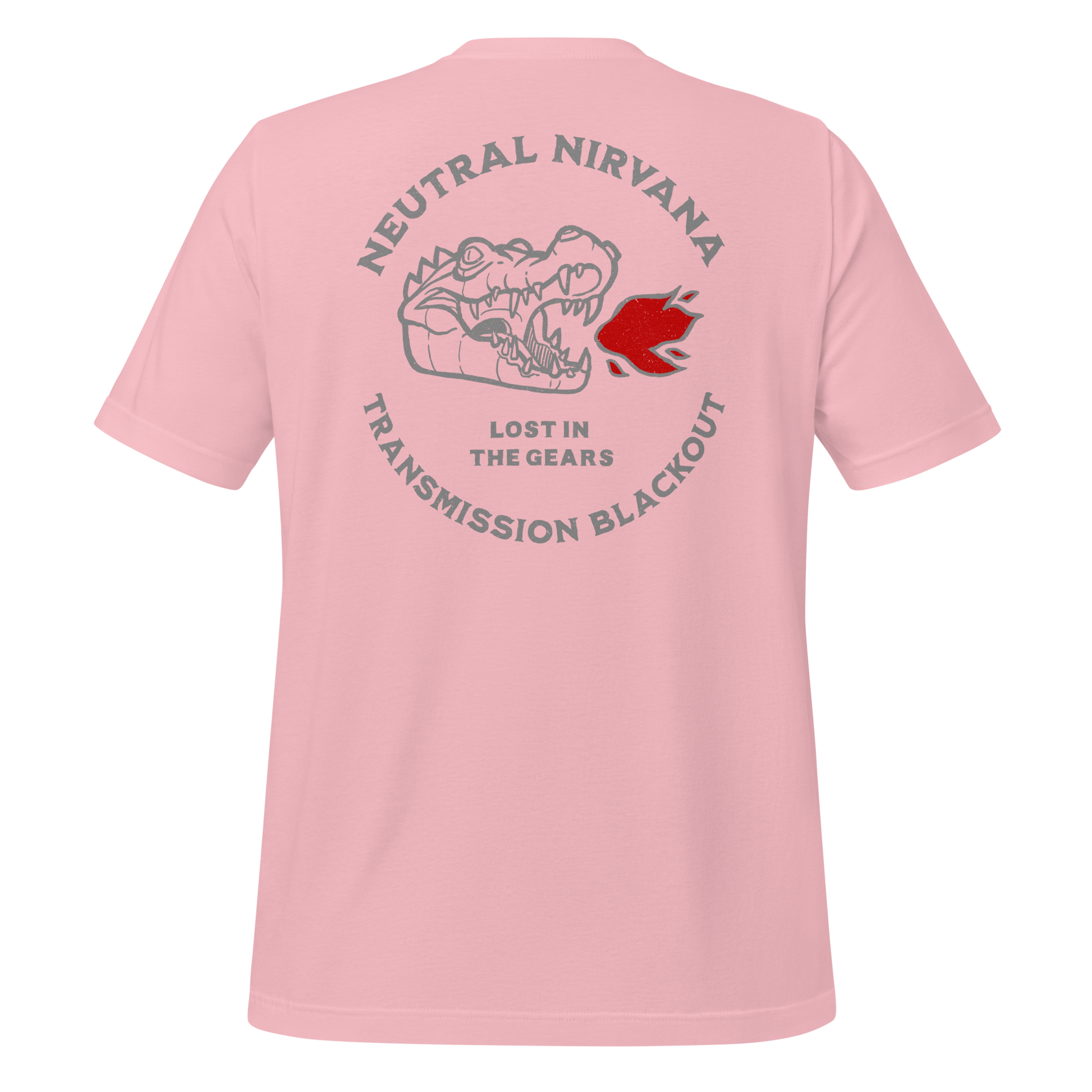 Hand-drawn pink HogCroc motorcycle t-shirt design showing a rider in perfect balance, clutch in, mind clear, a moment of calm before the next roar.