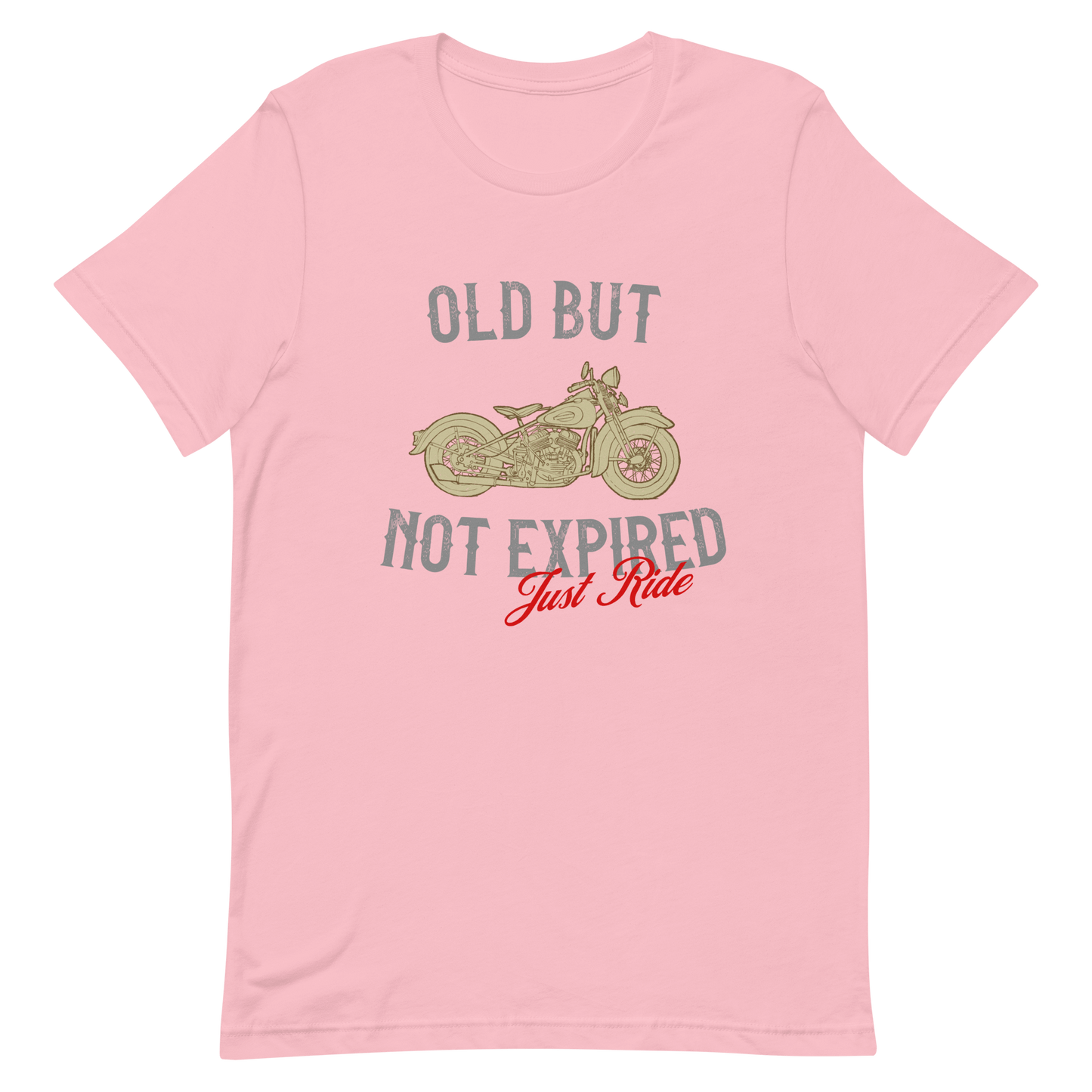 Pink "Old But Not Expired" t-shirt with vintage motorcycle graphic, perfect for motorcycle enthusiasts and classic style lovers.