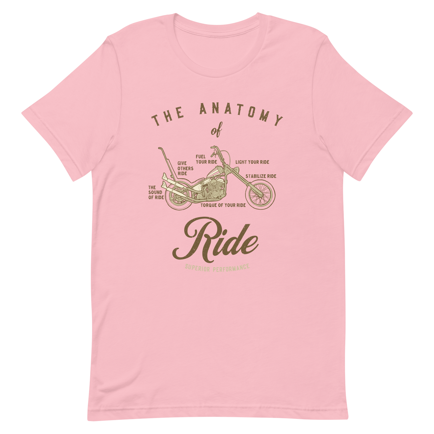Pink motorcycle t-shirt featuring "The Anatomy of Ride" design with bike illustration, perfect for motorcycle enthusiasts.