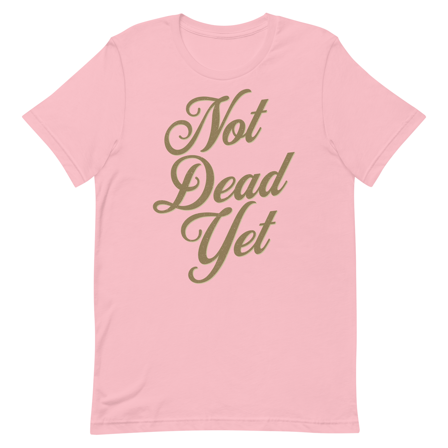 Pink "Not Dead Yet" motorcycle t-shirt showcasing retro graphic for rebellious bikers. Perfect for those who embrace the ride.