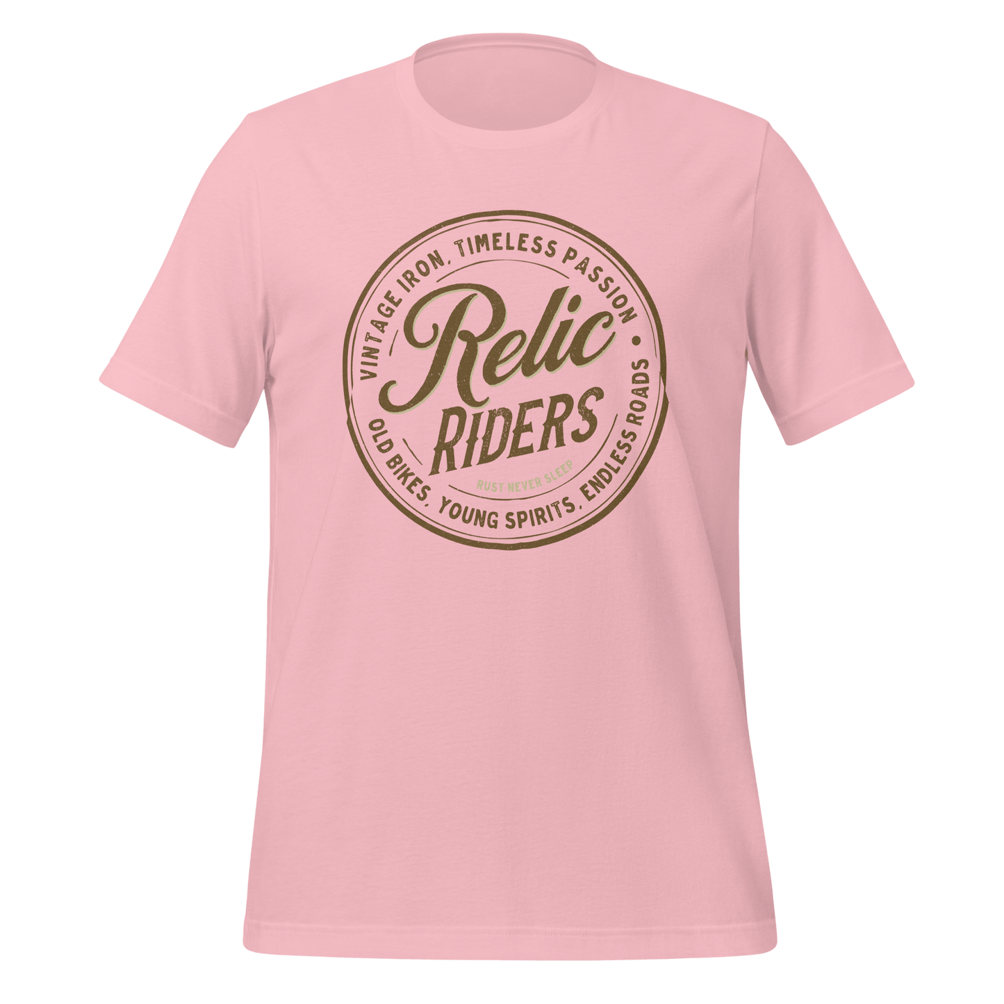 Relic Riders pink motorcycle t-shirt featuring vintage design and timeless passion for bikers. Ideal for motorcycle enthusiasts.