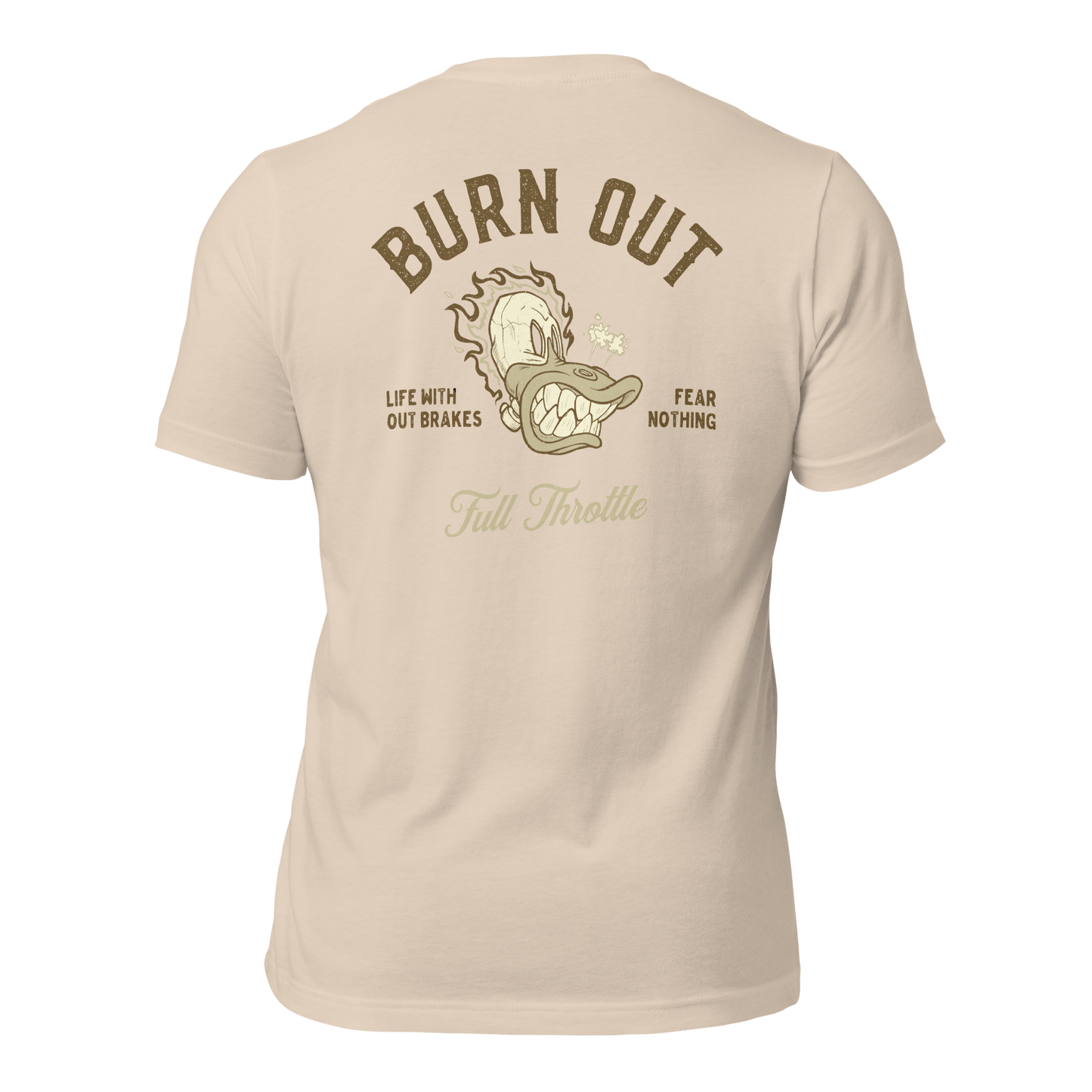 Burn Out Motorcycle t-shirt with bold design, featuring "Life Without Brakes" slogan and cartoon graphic on the back.