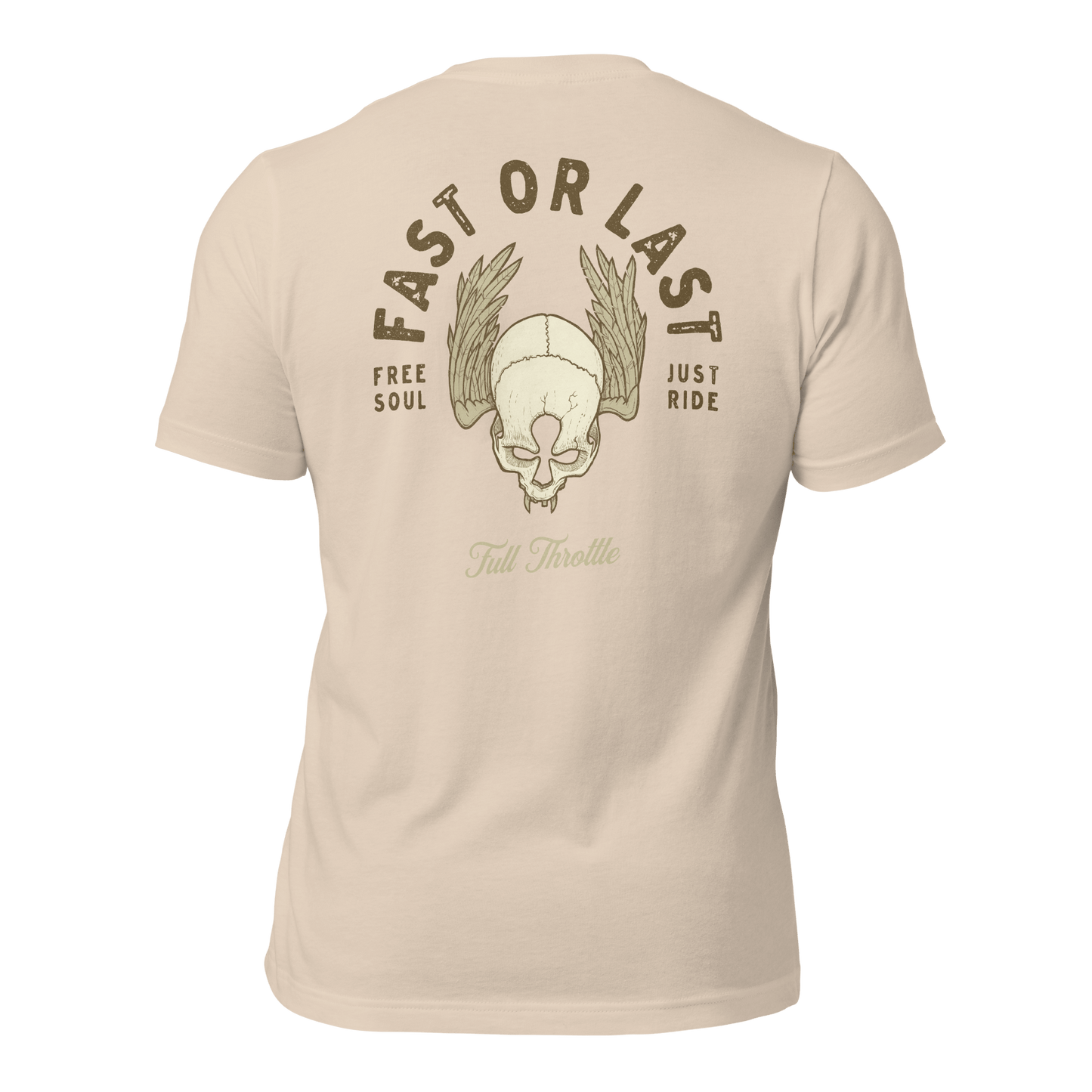 Fast Or Last Motorcycle t-shirt with skull and wings design, featuring "Free Soul, Just Ride" text, perfect for motorcycle enthusiasts.