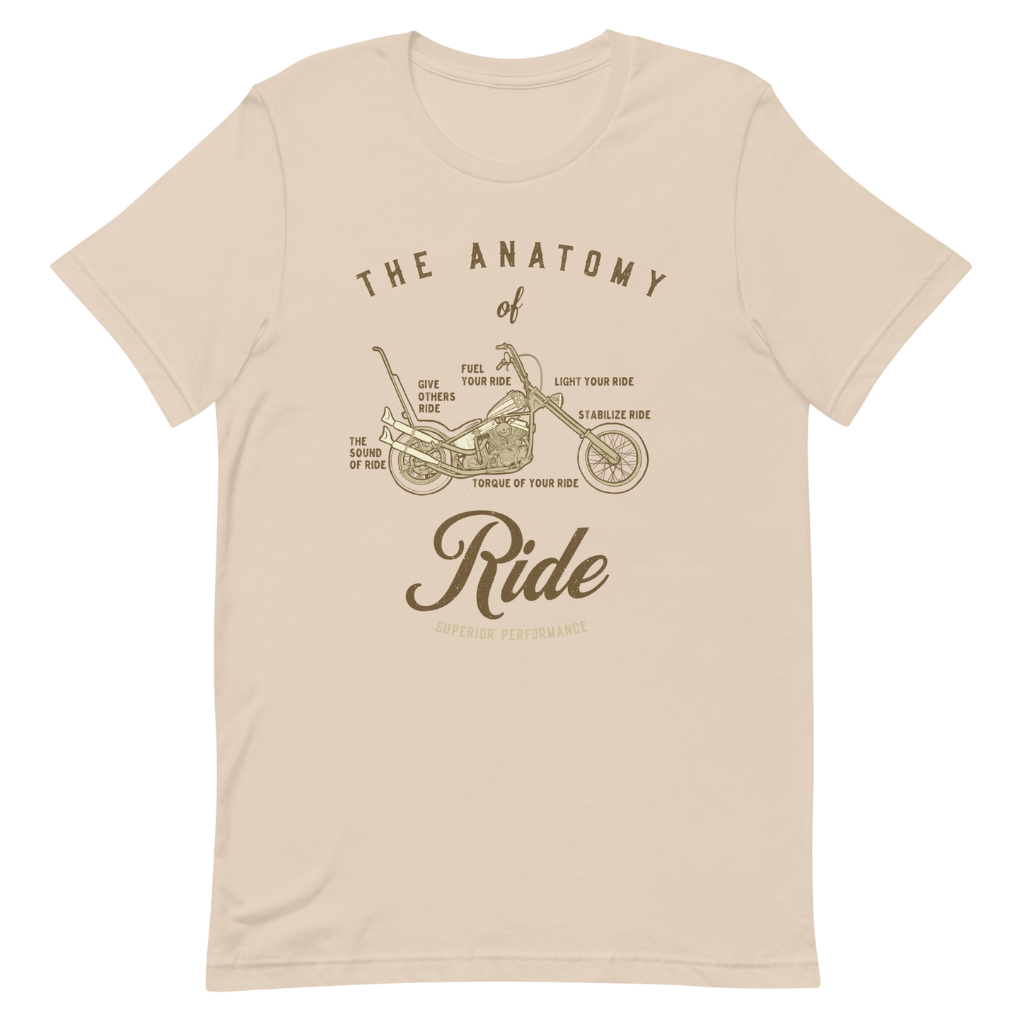 Beige The Anatomy Of Ride T-Shirt featuring a motorcycle design, perfect for bikers and motorcycle enthusiasts.