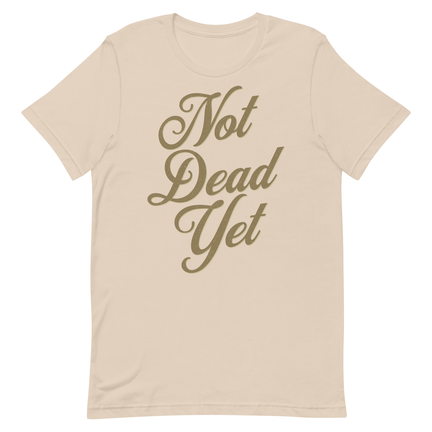 Vintage style "Not Dead Yet" motorcycle t-shirt with distressed graphic for bikers and enthusiasts.