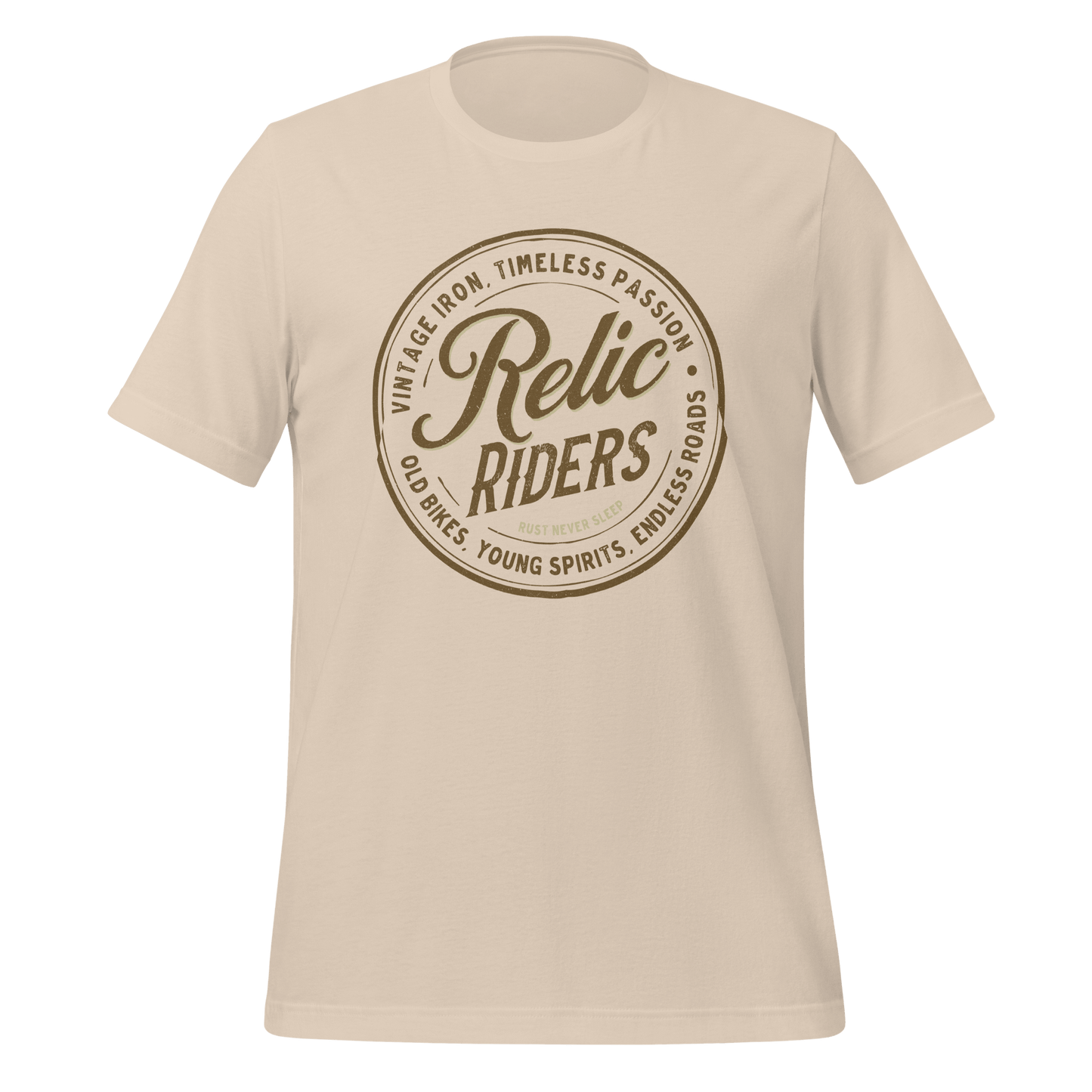 Relic Riders motorcycle t-shirt featuring vintage design and timeless passion for biking adventures.