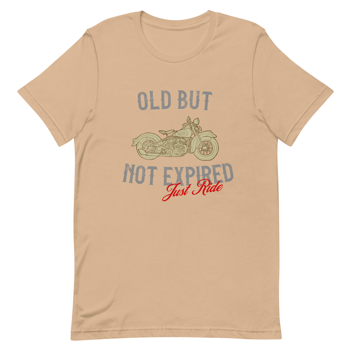 Vintage motorcycle t-shirt with "Old But Not Expired Just Ride" design in beige color.