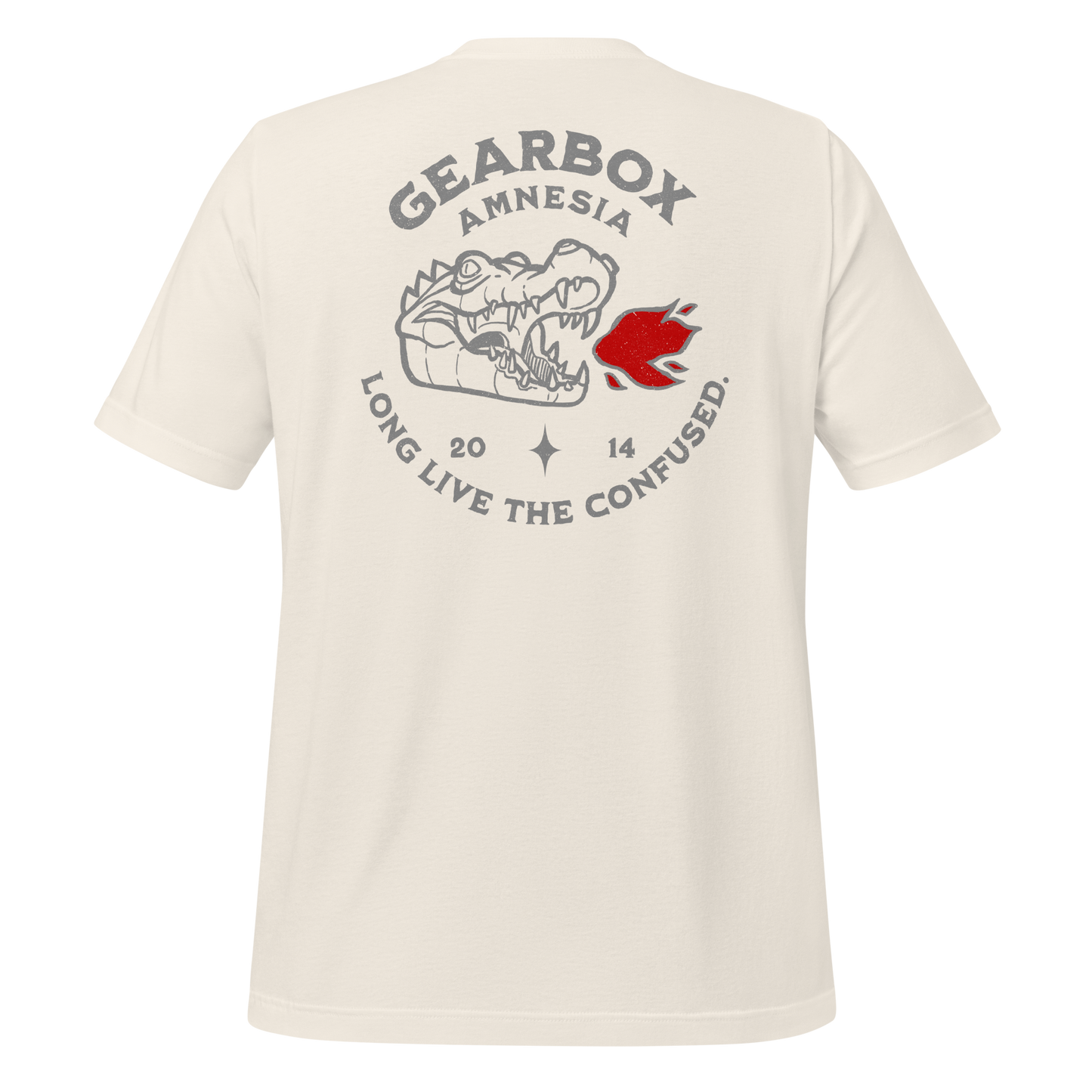 Vintage White Gearbox Amnesia motorcycle t-shirt with humorous hand-drawn design for bikers, celebrating the relatable rider moment of forgetting your gear at a stoplight. Perfect for motorcyclists who ride hard and laugh harder.