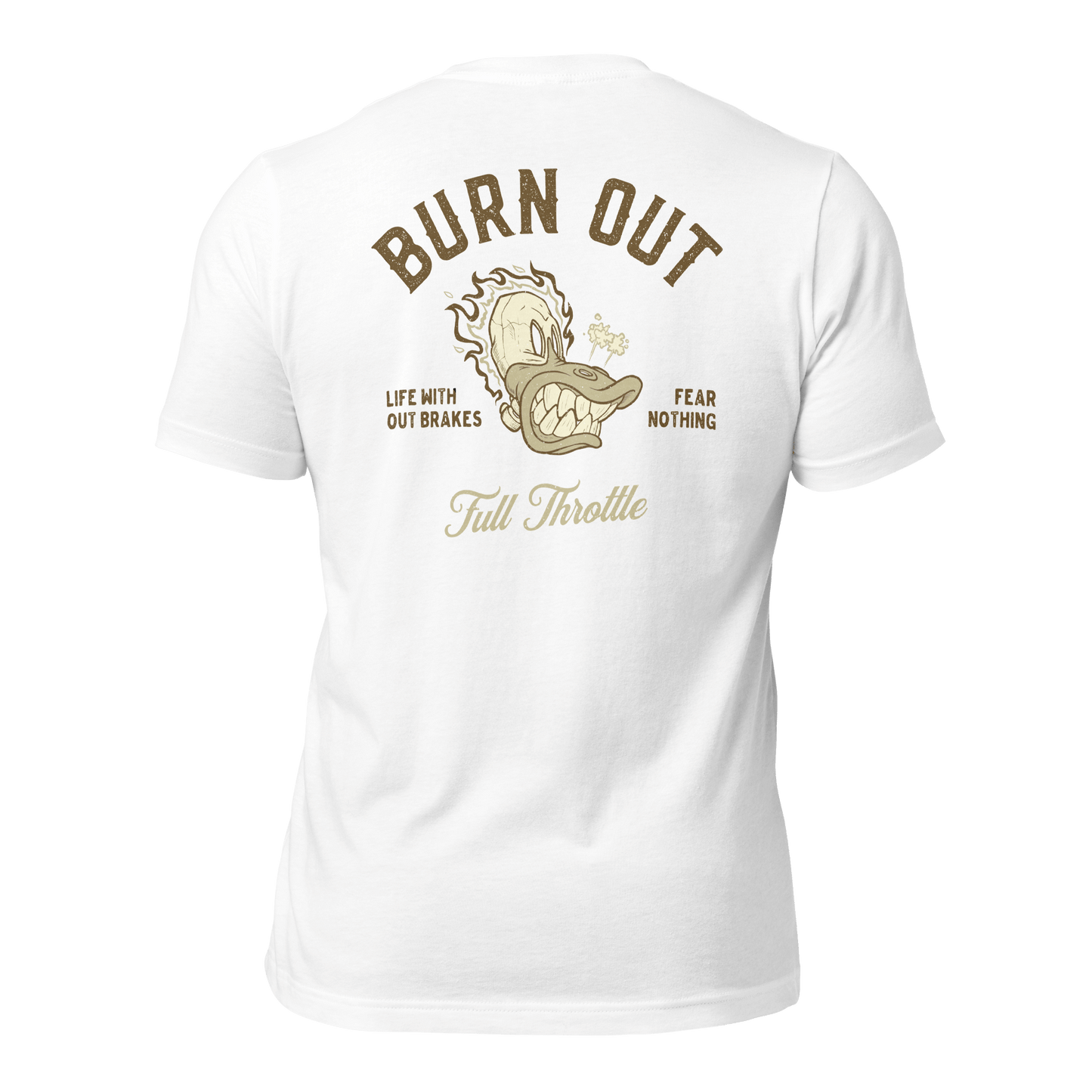 White Burn Out Motorcycle t-shirt with "Life Without Brakes" slogan and graphic design on the back.