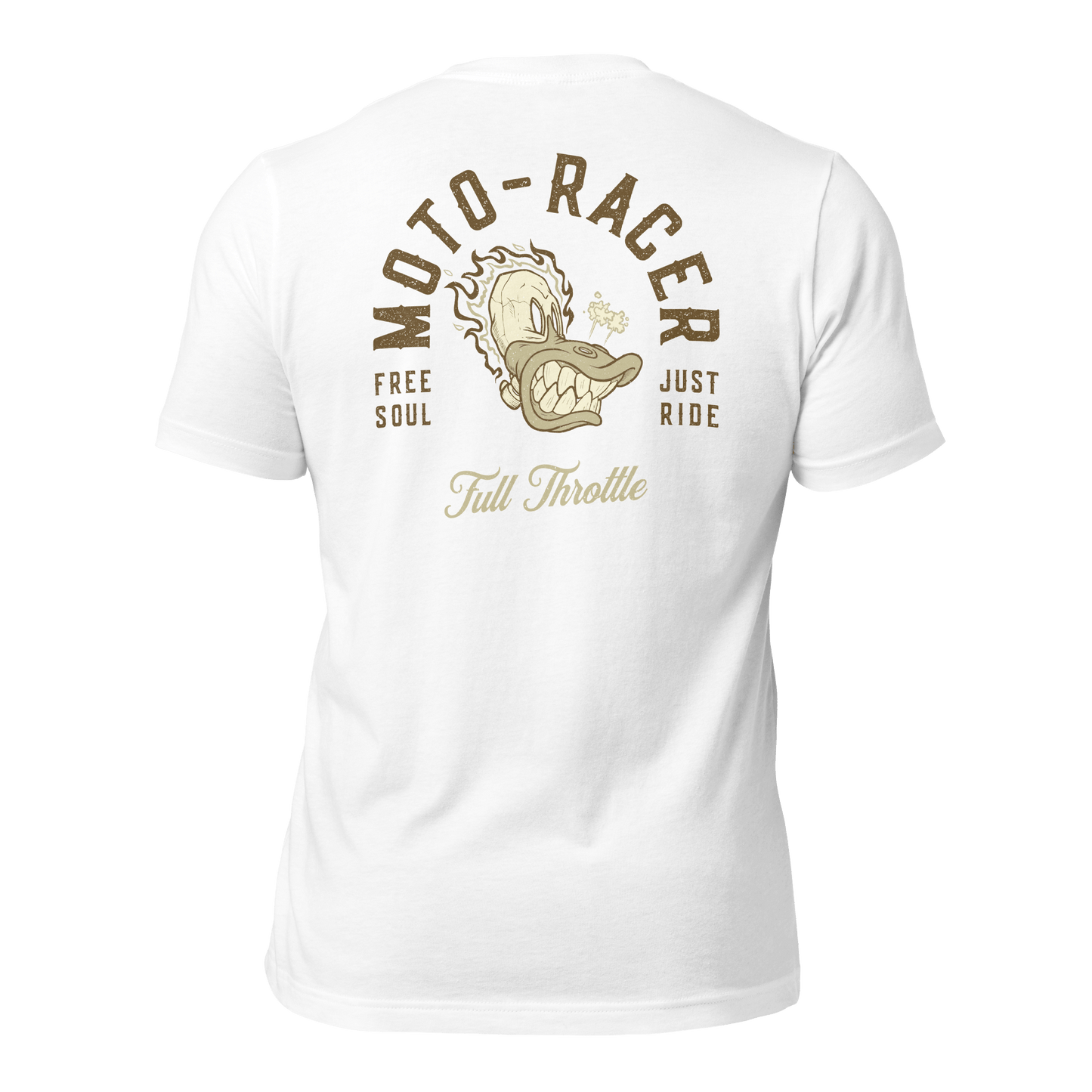 Moto Racer t-shirt featuring a "Free Soul" and "Just Ride" design with a vintage motor graphic on a soft, lightweight fabric.